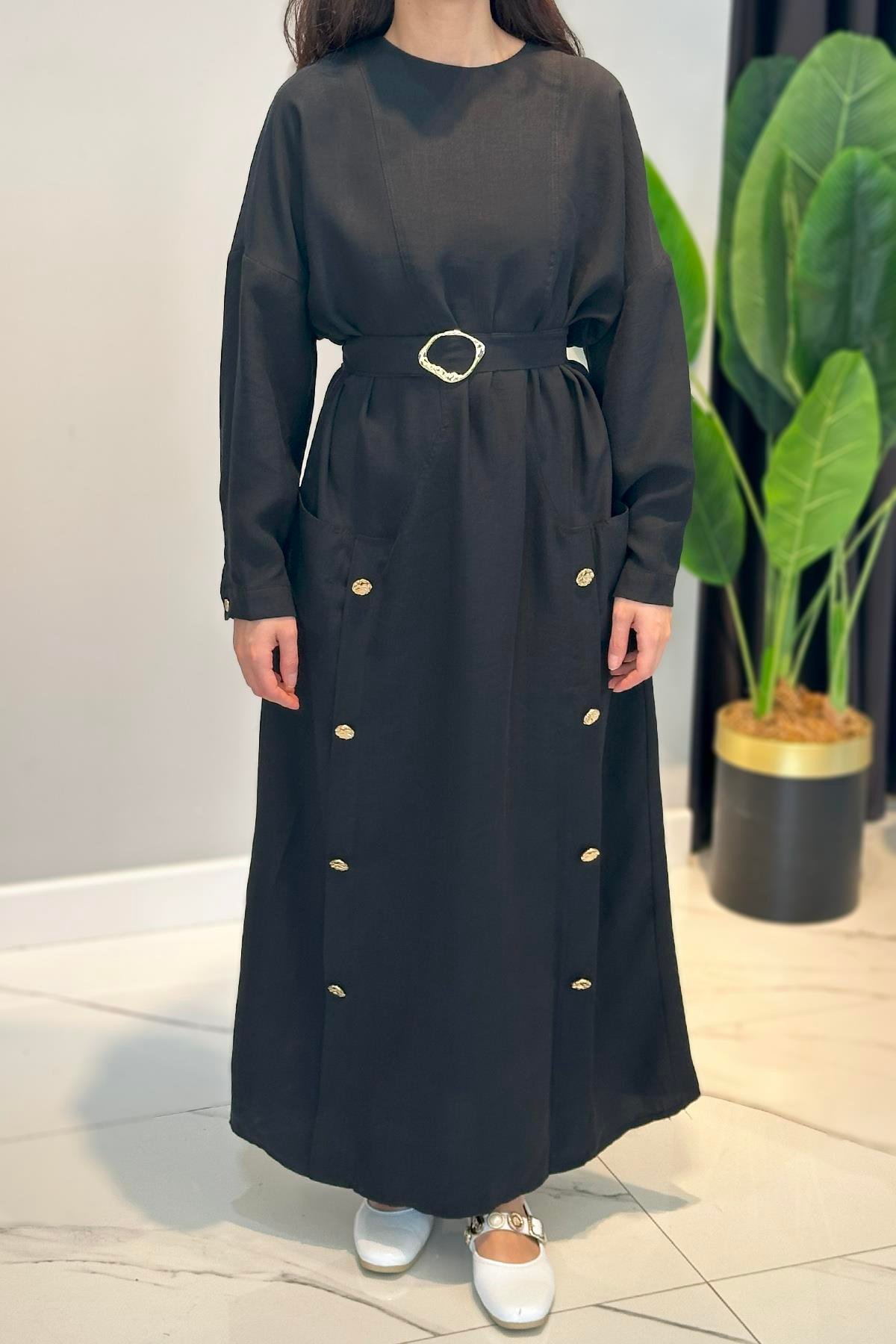 Kemeri Metal Gold Tokalı Alt Tarafı Metal Düğmeli Pasıon Elbise 5735 Siyah