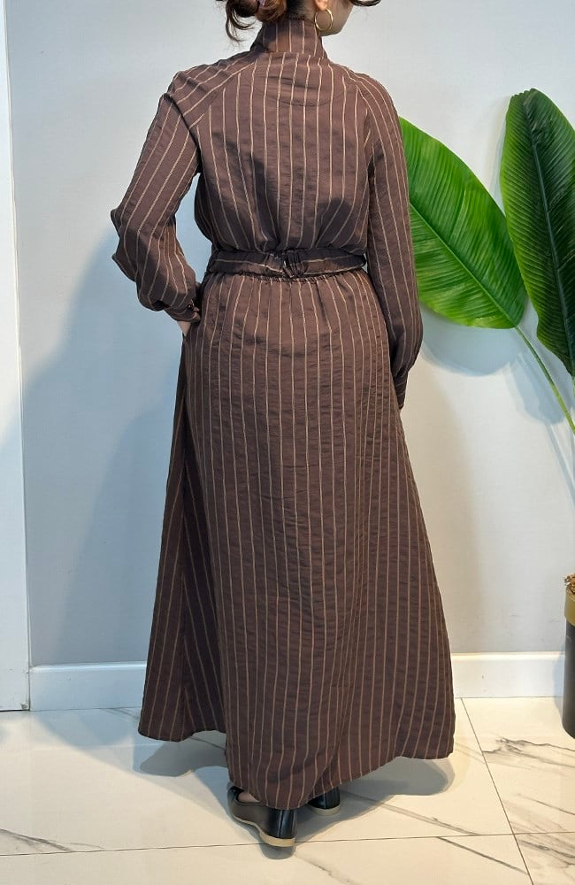 Kemerli Yarım Fermuarlı Çift Cepli Chic Line Çizgili Elbise 5161 Kahverengi