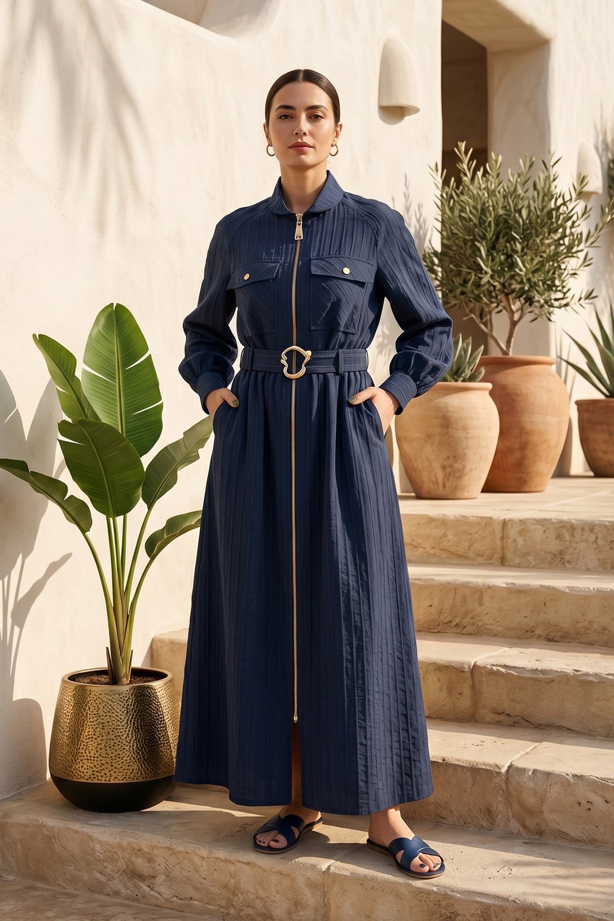 Kemerli Yarım Fermuarlı Çift Cepli Chic Line Çizgili Elbise 5161 Lacivert