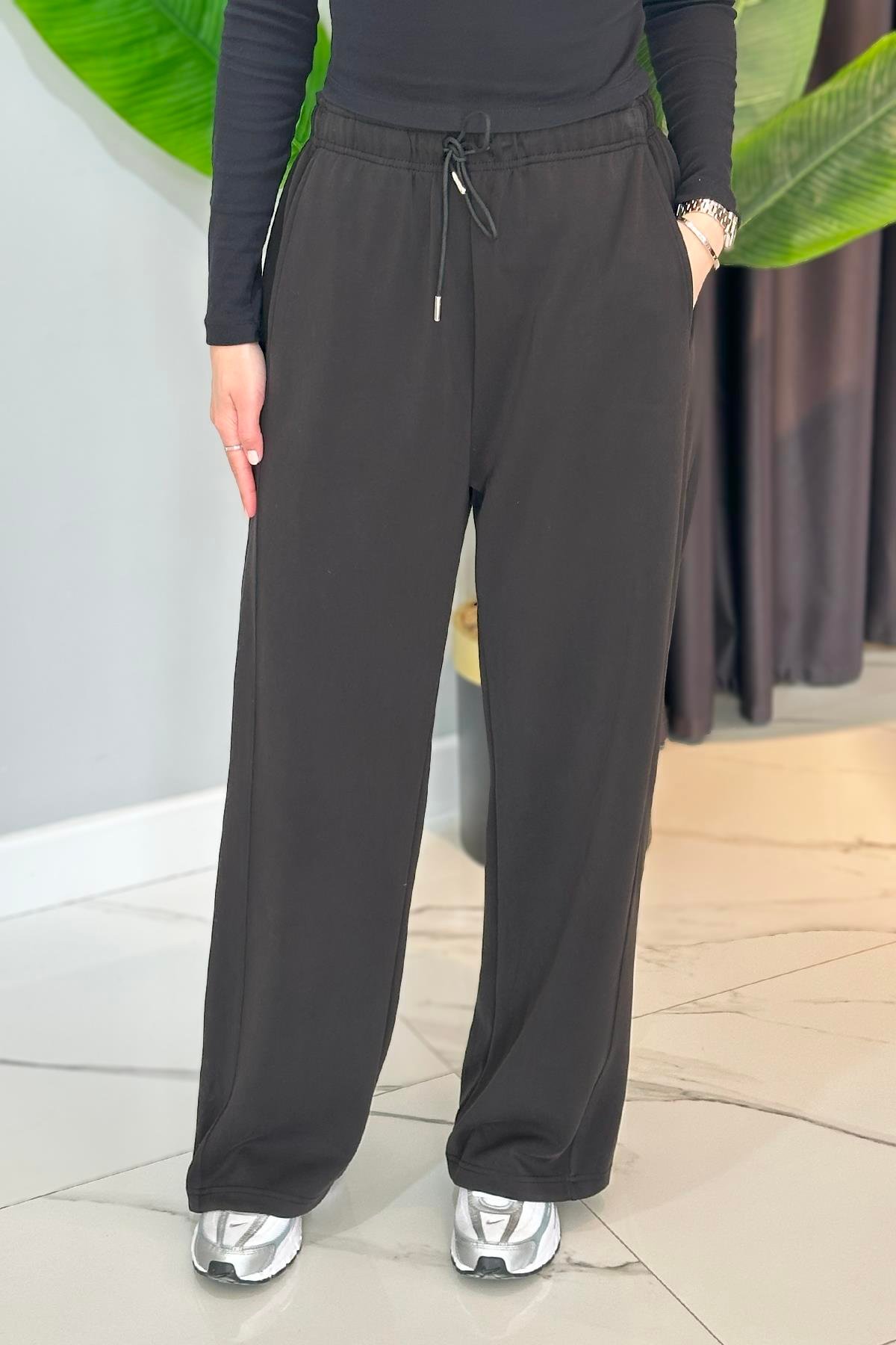 Kesik Detaylı Bol Paça Modal Pantolon 34352 Siyah