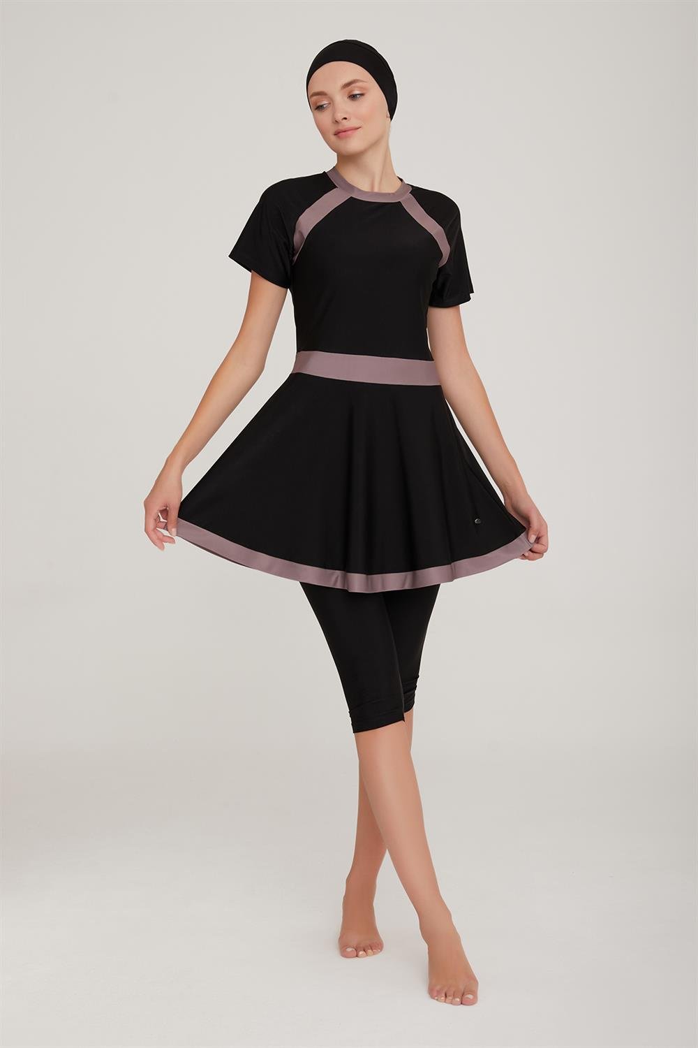 Kısa Kol Taytlı Yarı Kapalı Elbise Mayo Sereny 3904 Siyah