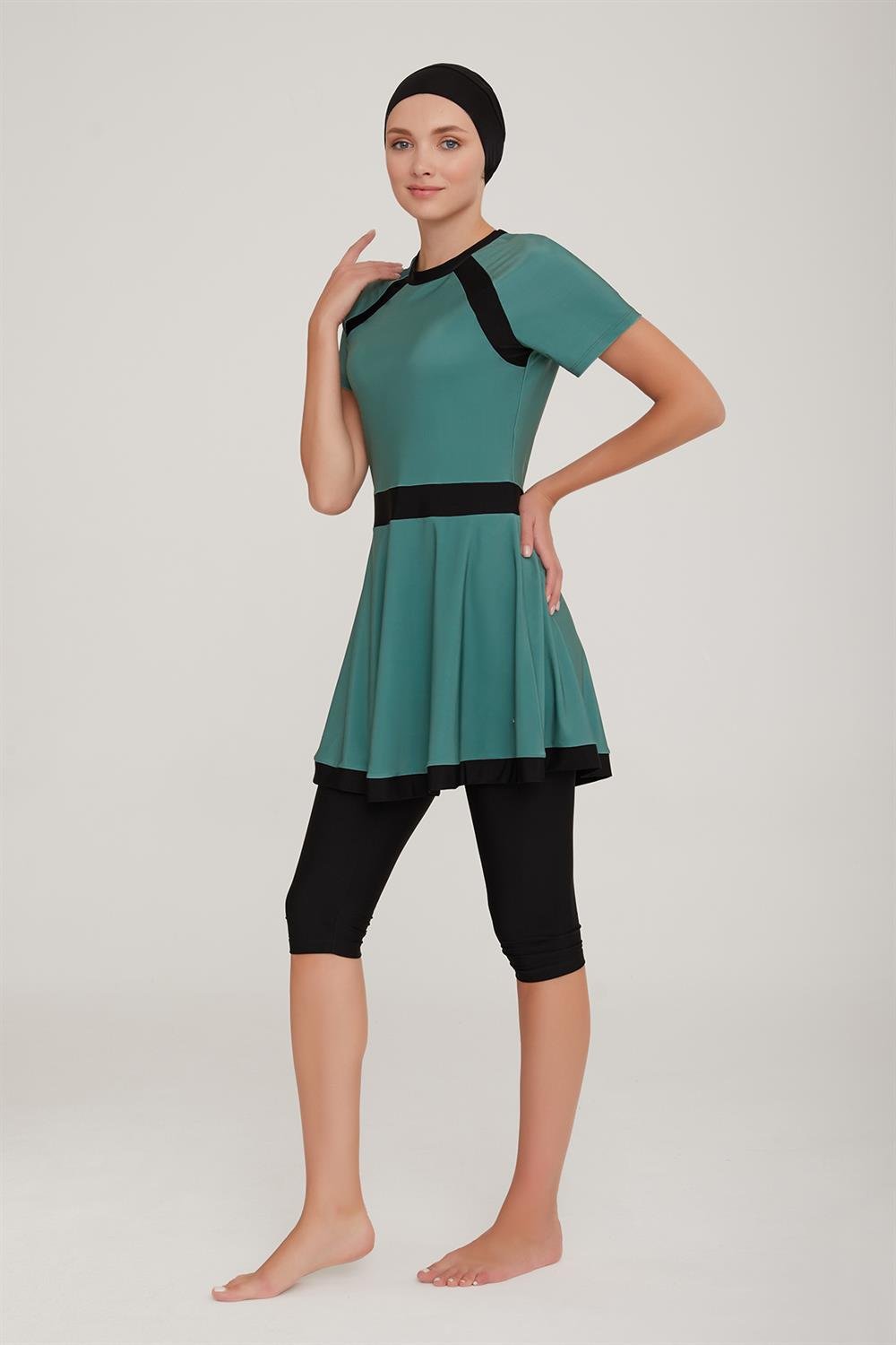 Kısa Kol Taytlı Yarı Kapalı Elbise Mayo Sereny 3904 Haki