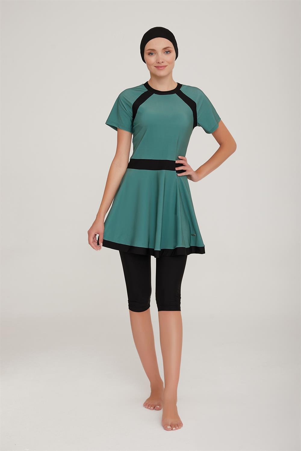 Kısa Kol Taytlı Yarı Kapalı Elbise Mayo Sereny 3904 Haki