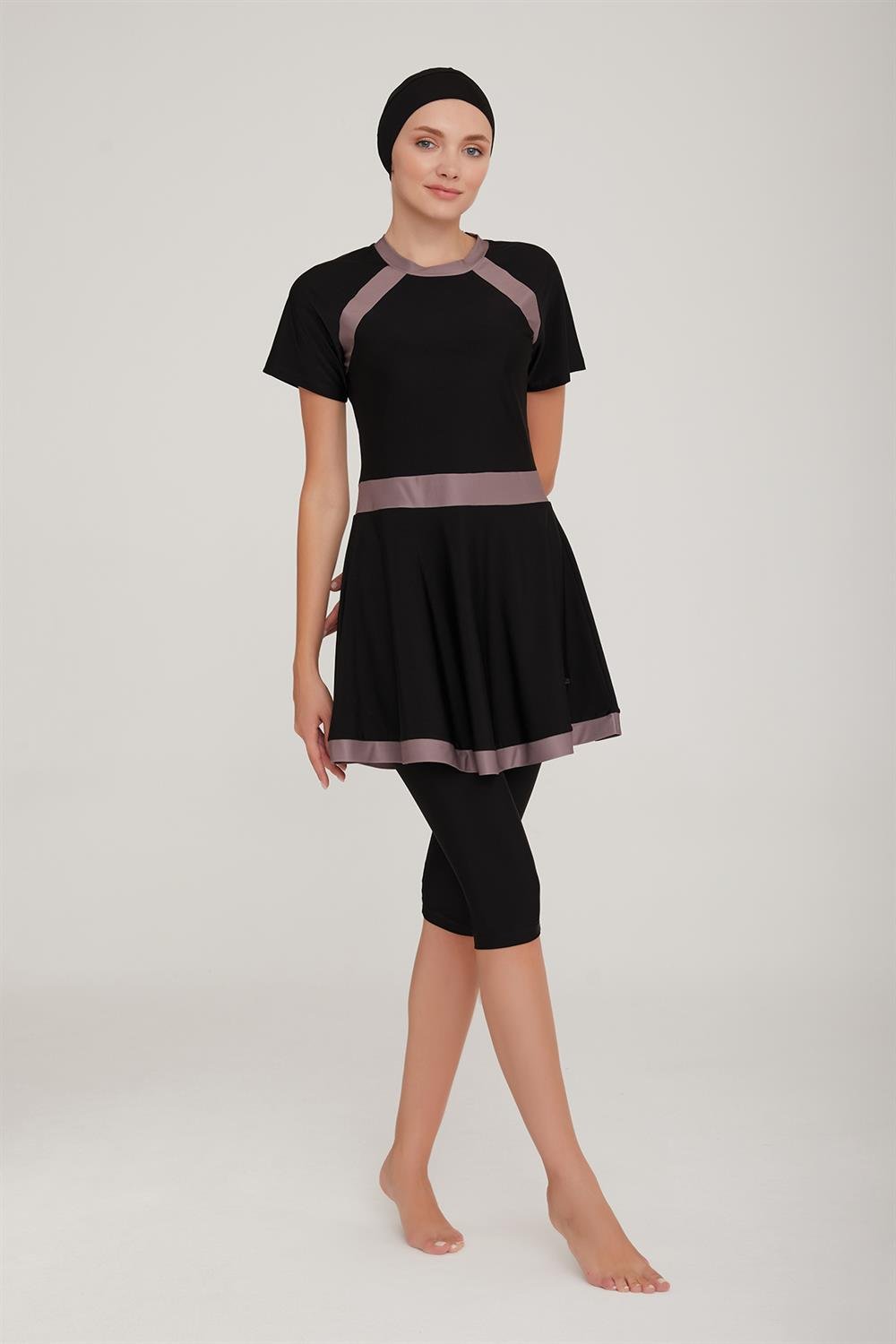 Kısa Kol Taytlı Yarı Kapalı Elbise Mayo Sereny 3904 Siyah