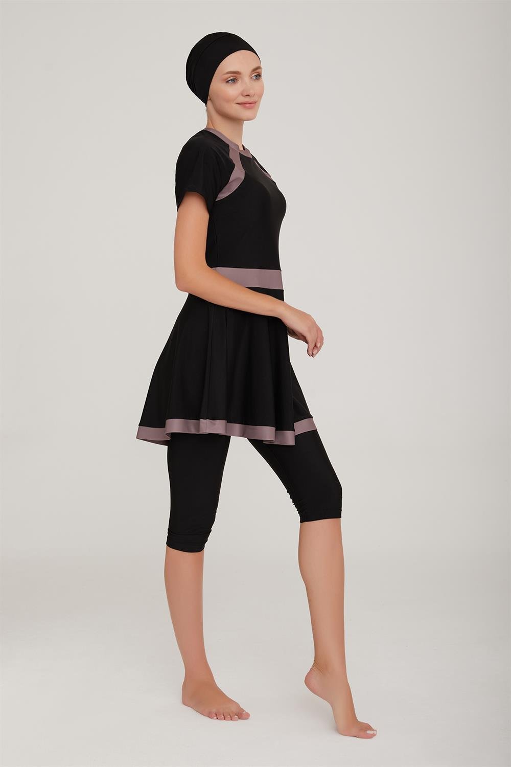 Kısa Kol Taytlı Yarı Kapalı Elbise Mayo Sereny 3904 Siyah