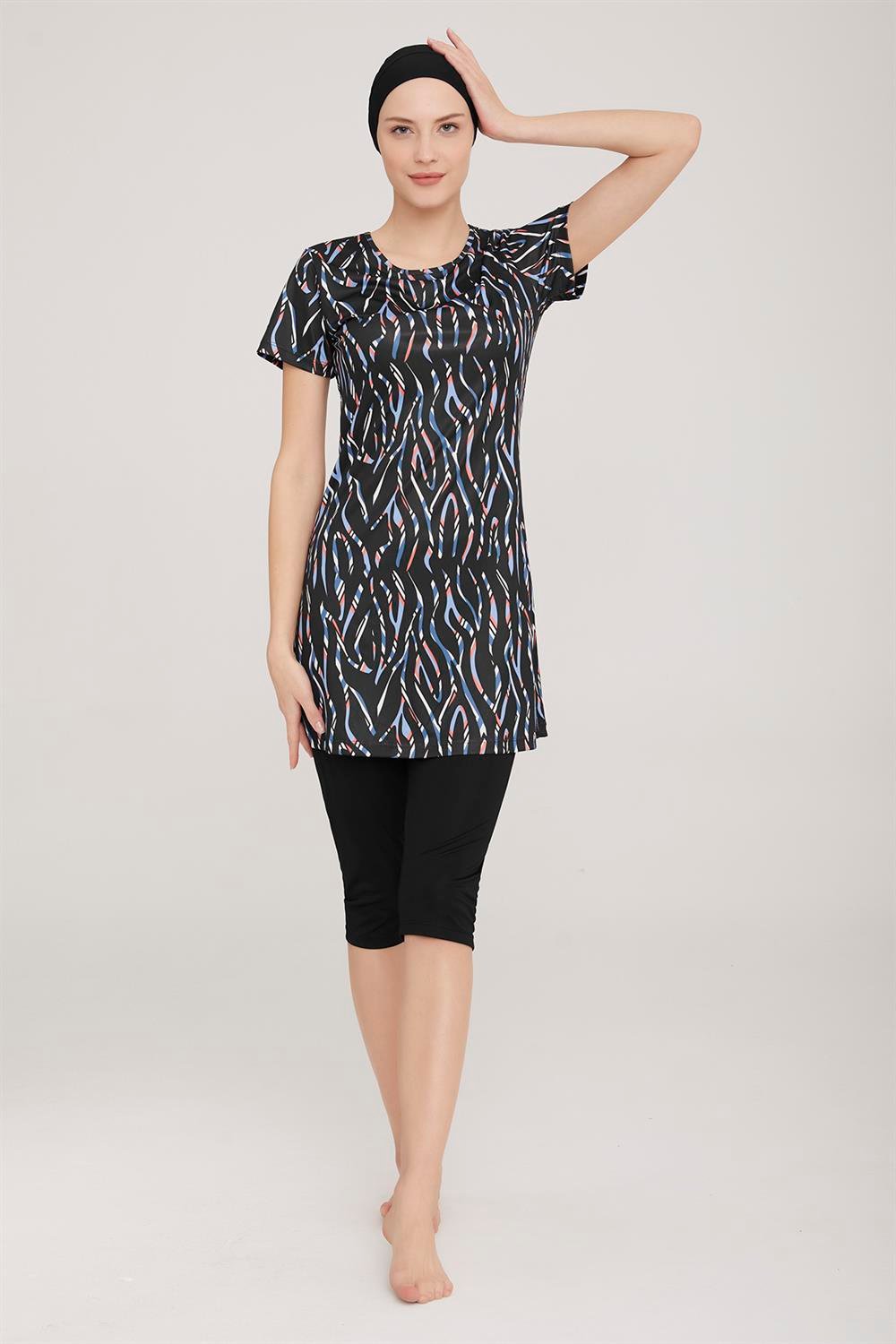 Kısa Kol Taytlı Yarı Kapalı Mayo Belle 1 9087 Siyah Remsa Mayo