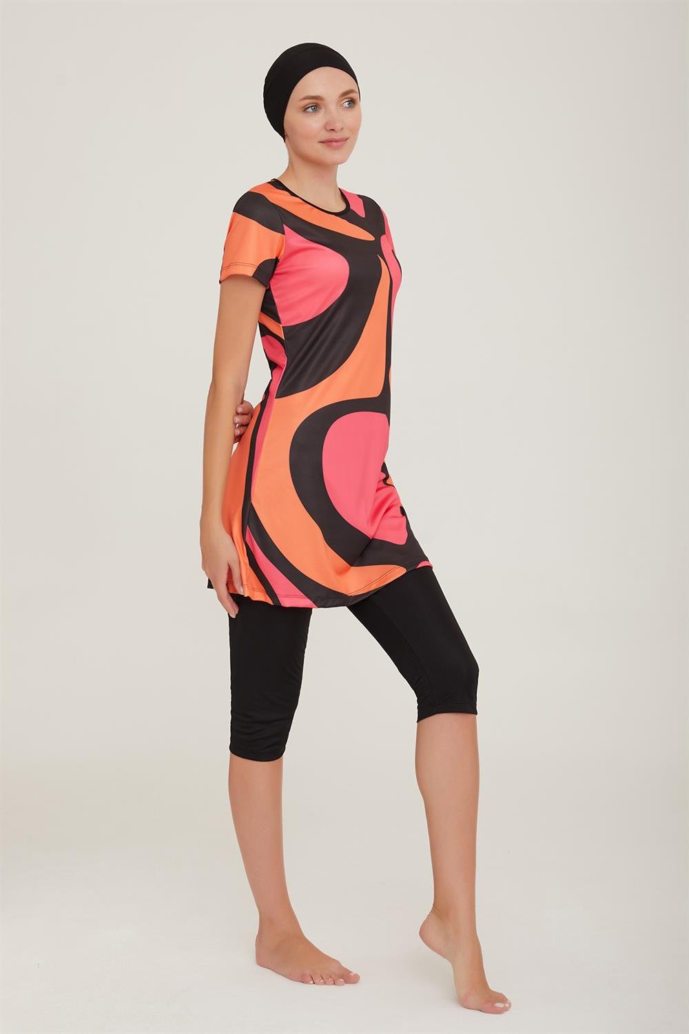 Kısa Kol Taytlı Yarı Kapalı Mayo Deren 1 9080 Siyah Remsa Mayo