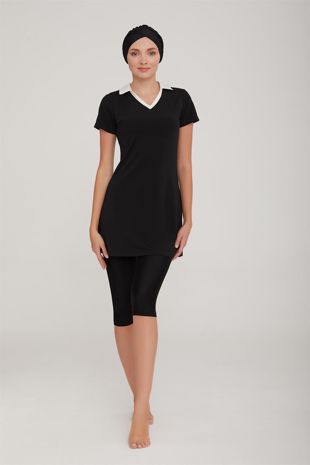 Kısa Kol Yakalı Taytlı Yarı Kapalı Mayo Agatha 3905 Siyah Remsa Mayo