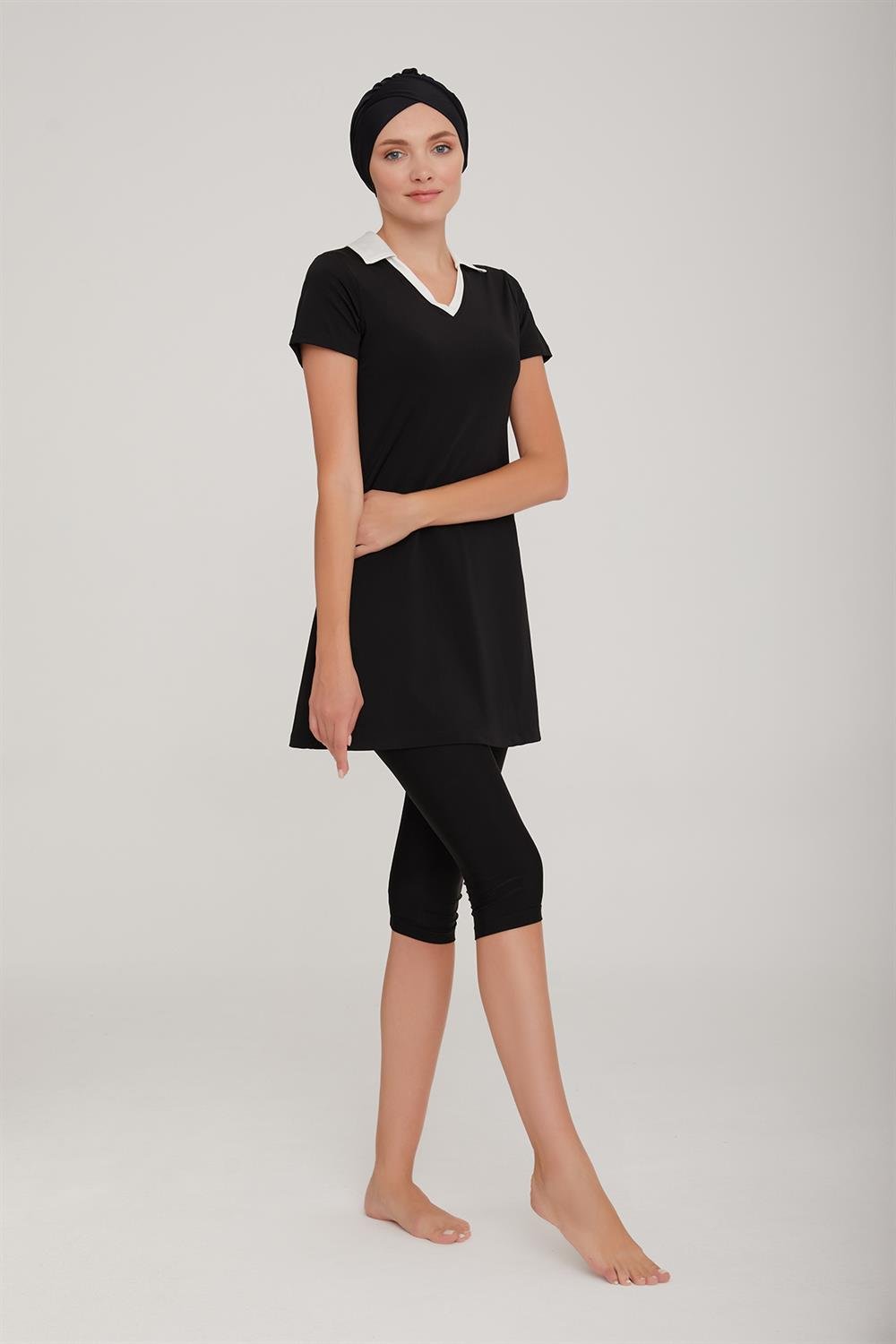 Kısa Kol Yakalı Taytlı Yarı Kapalı Mayo Agatha 3905 Siyah Remsa Mayo