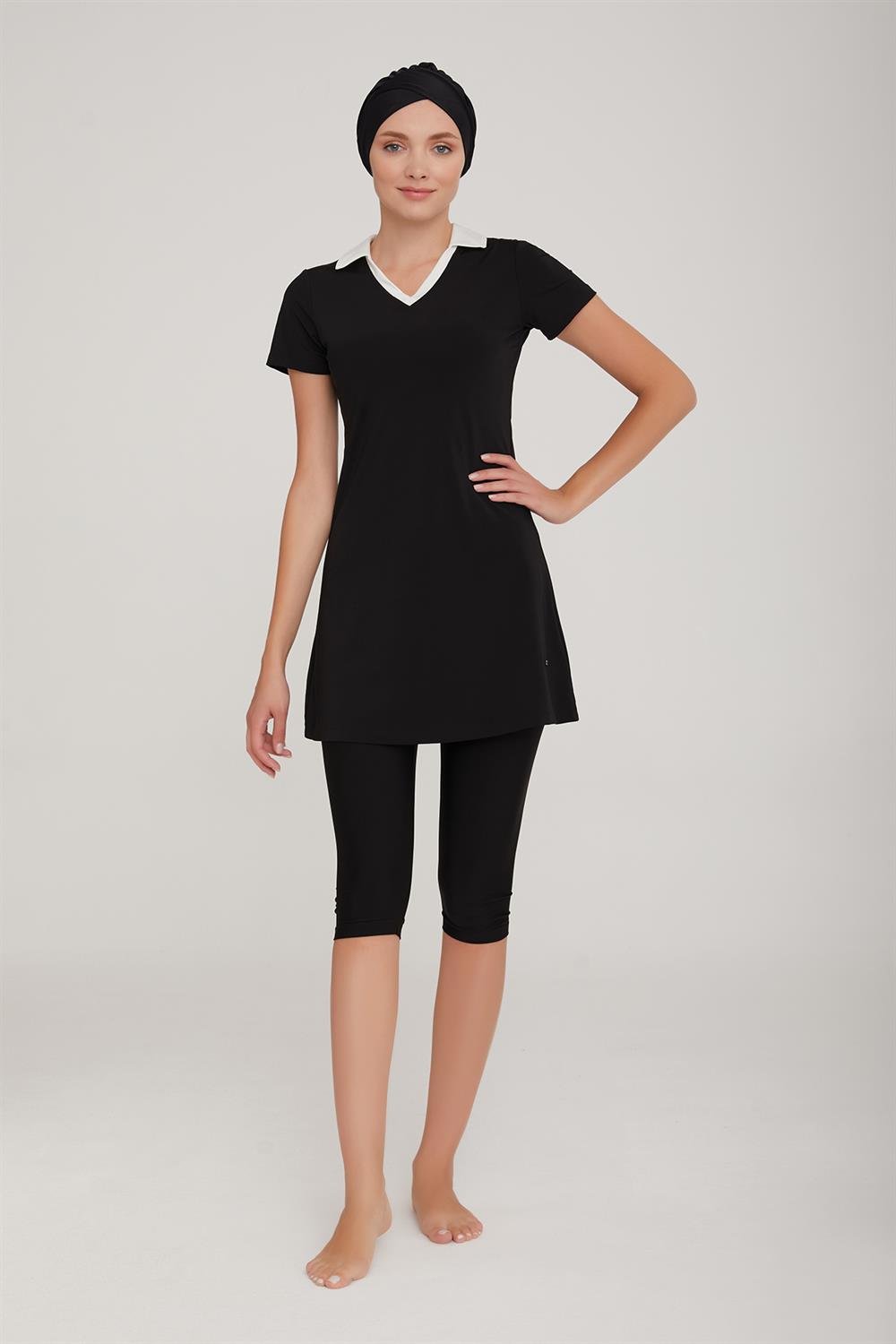 Kısa Kol Yakalı Taytlı Yarı Kapalı Mayo Agatha 3905 Siyah Remsa Mayo