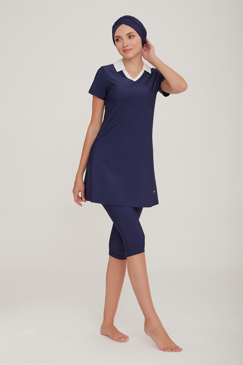 Kısa Kol Yakalı Taytlı Yarı Kapalı Mayo Agatha 3905 Koyu Lacivert Remsa Mayo