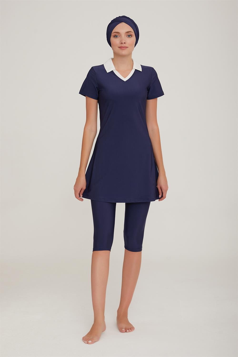 Kısa Kol Yakalı Taytlı Yarı Kapalı Mayo Agatha 3905 Koyu Lacivert Remsa Mayo