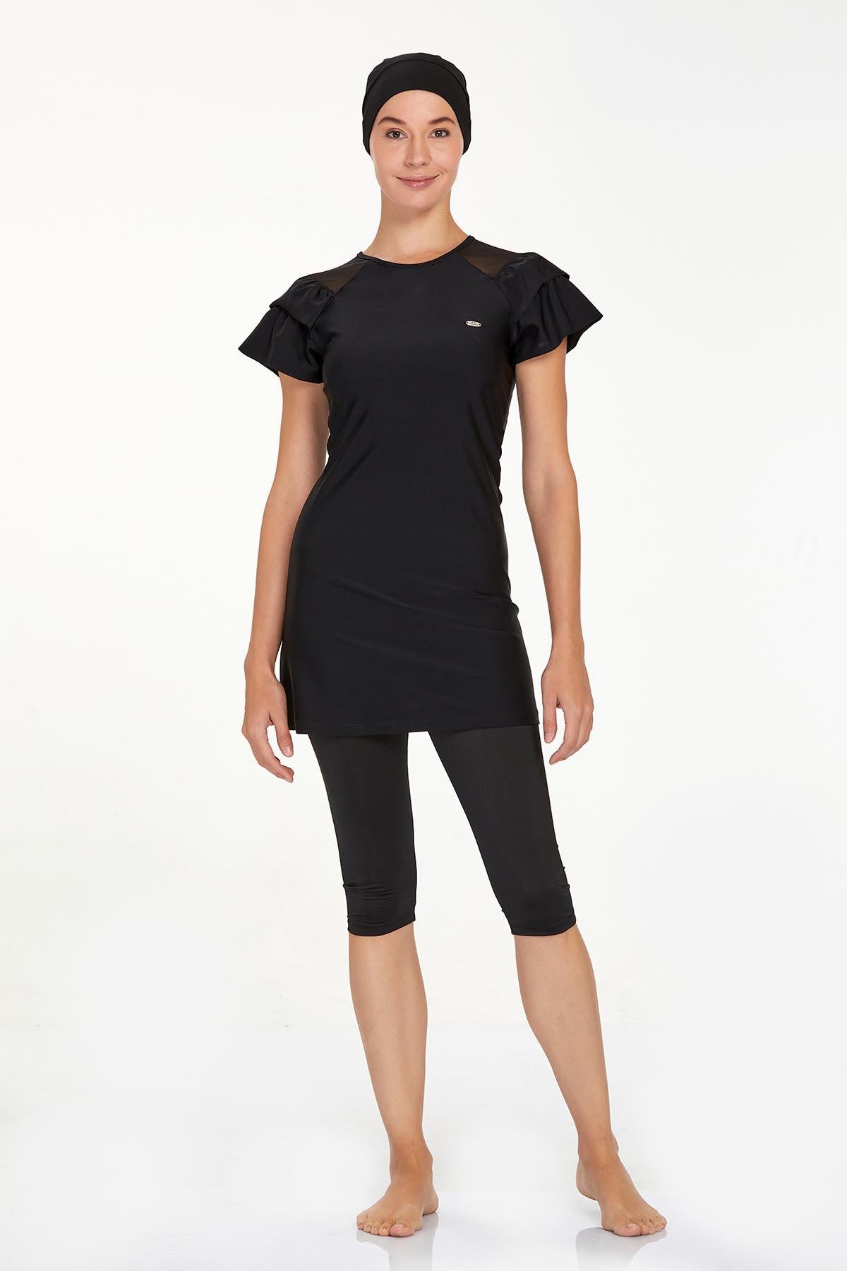 Kısa Kollu Likralı Taytlı Mayo Yarı Kapalı Mayo 3205 Siyah