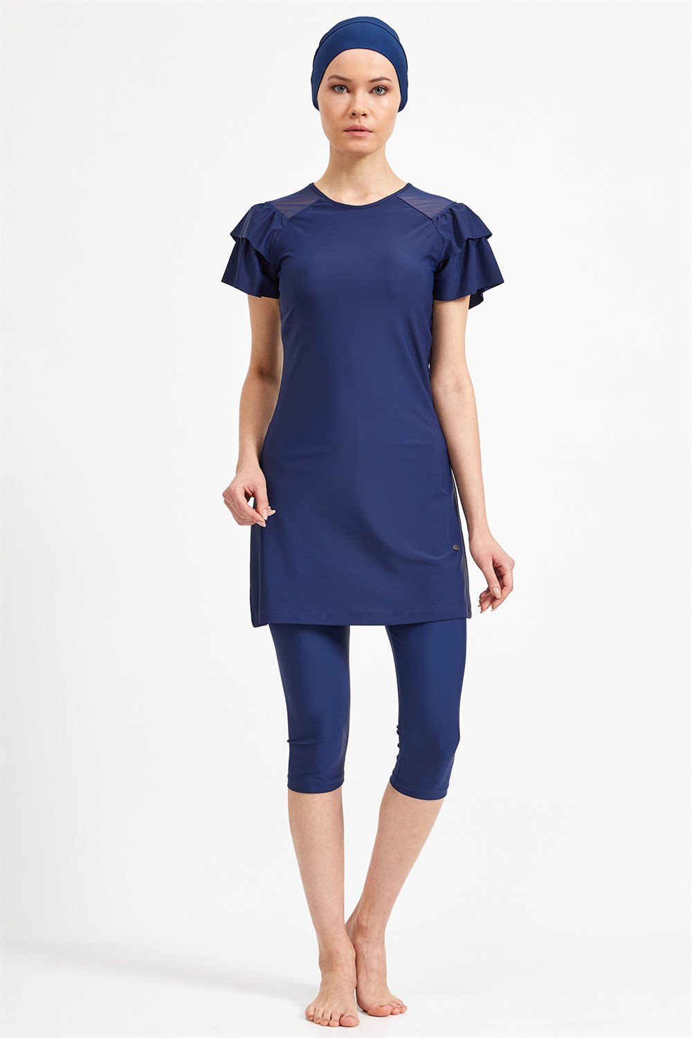 Kısa Kollu Likralı Taytlı Mayo Yarı Kapalı Mayo 3205 Koyu Lacivert