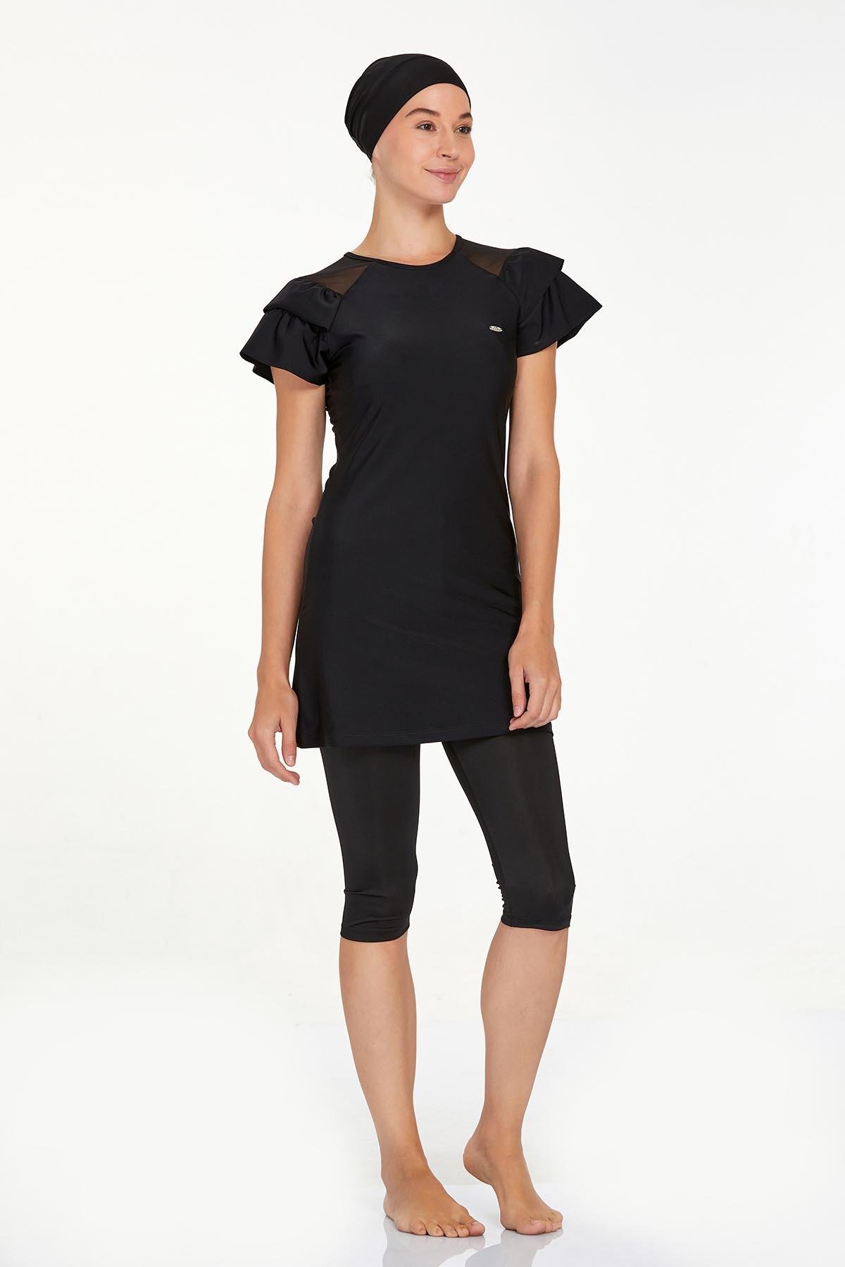 Kısa Kollu Likralı Taytlı Mayo Yarı Kapalı Mayo 3205 Siyah