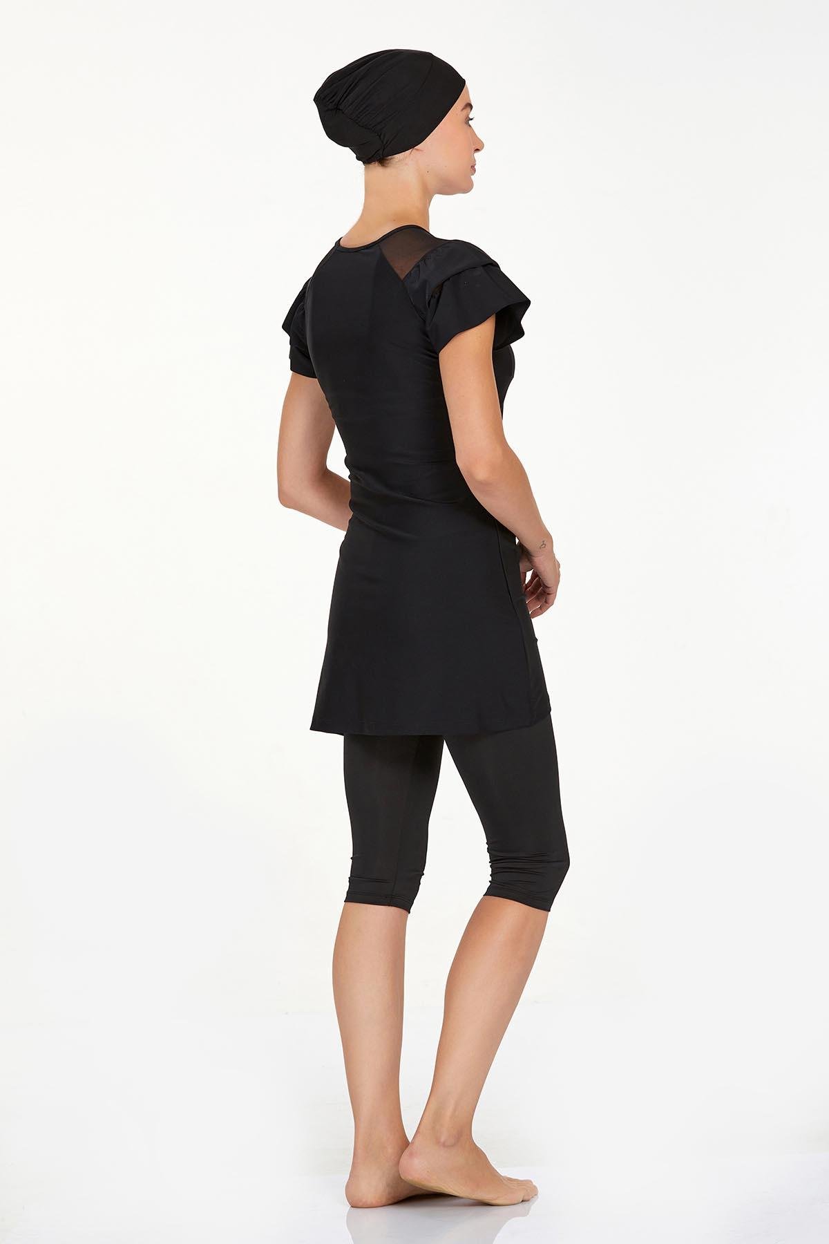 Kısa Kollu Likralı Taytlı Mayo Yarı Kapalı Mayo 3205 Siyah