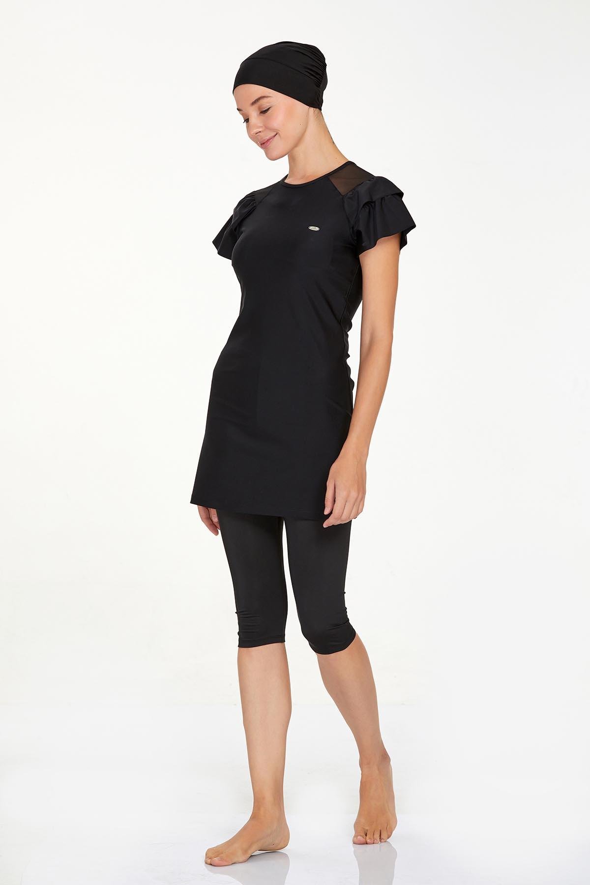 Kısa Kollu Likralı Taytlı Mayo Yarı Kapalı Mayo 3205 Siyah