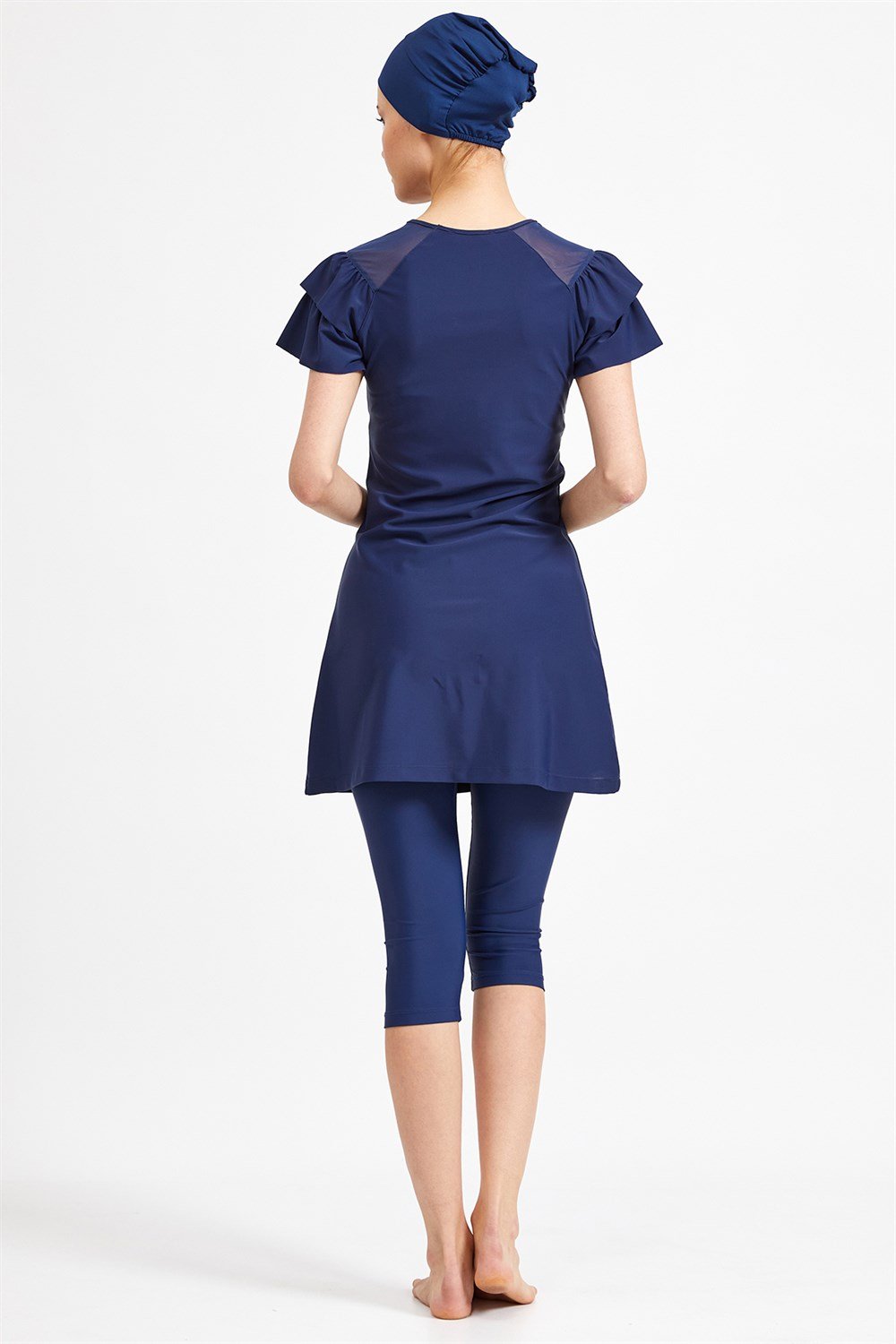 Kısa Kollu Likralı Taytlı Mayo Yarı Kapalı Mayo 3205 Koyu Lacivert