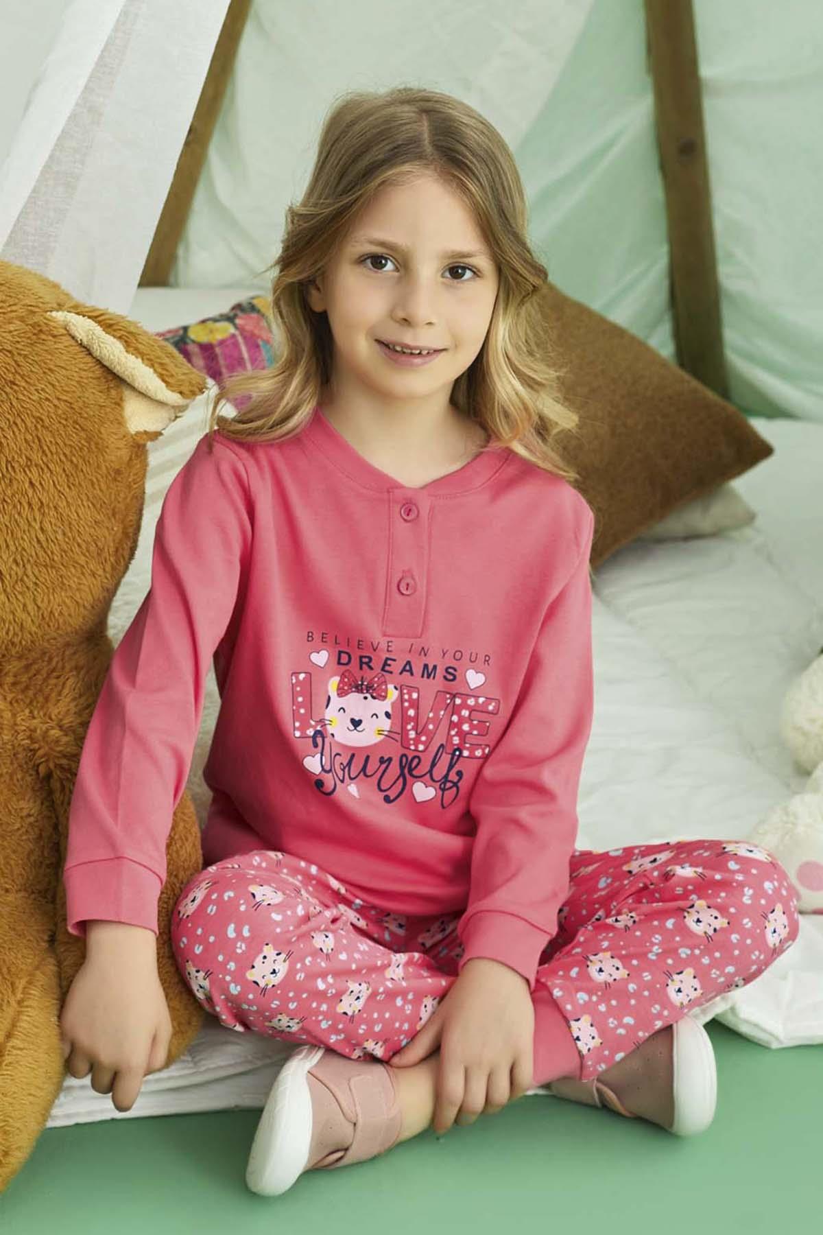 Kız Çocuk Aydoğan Pamuklu Pijama Takımı 240738 Nar Çiçeği