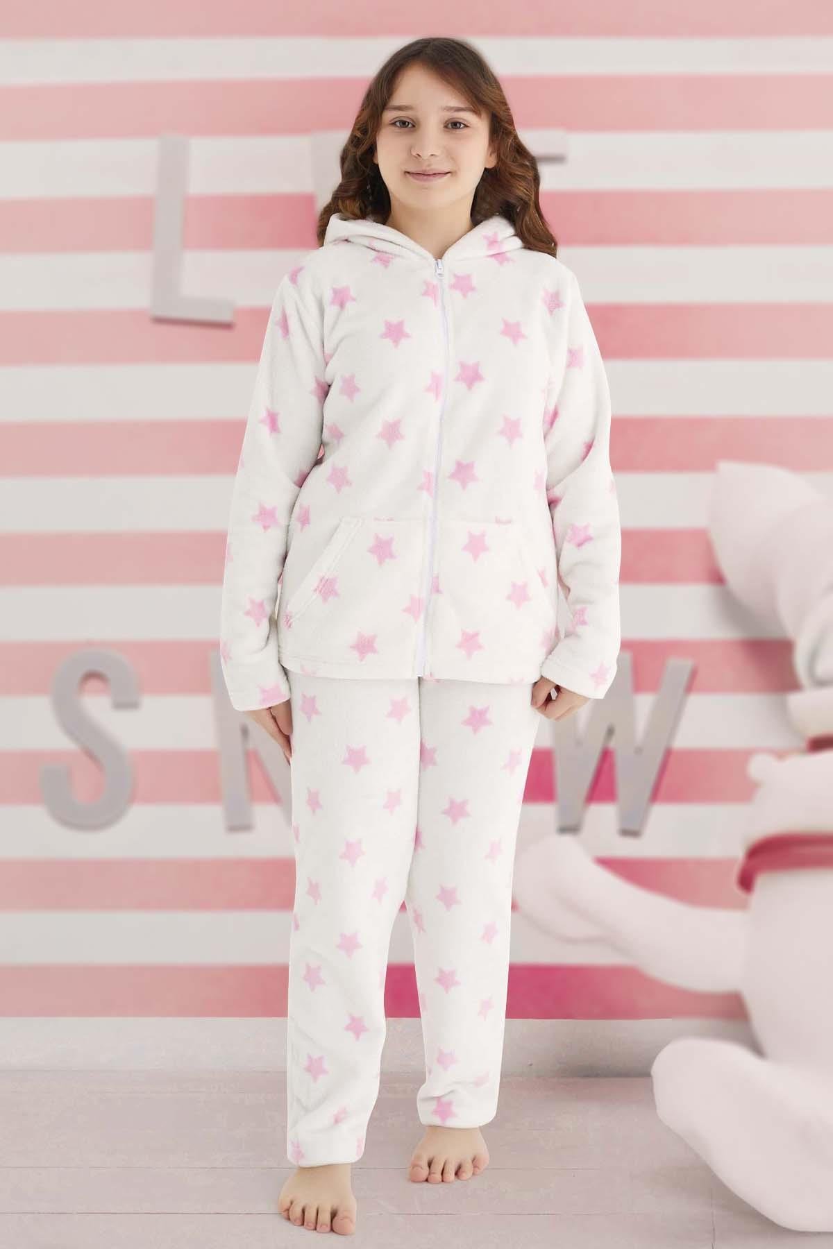 Kız Çocuk Desenli Polar Pijama Takımı 240521 Ekru01