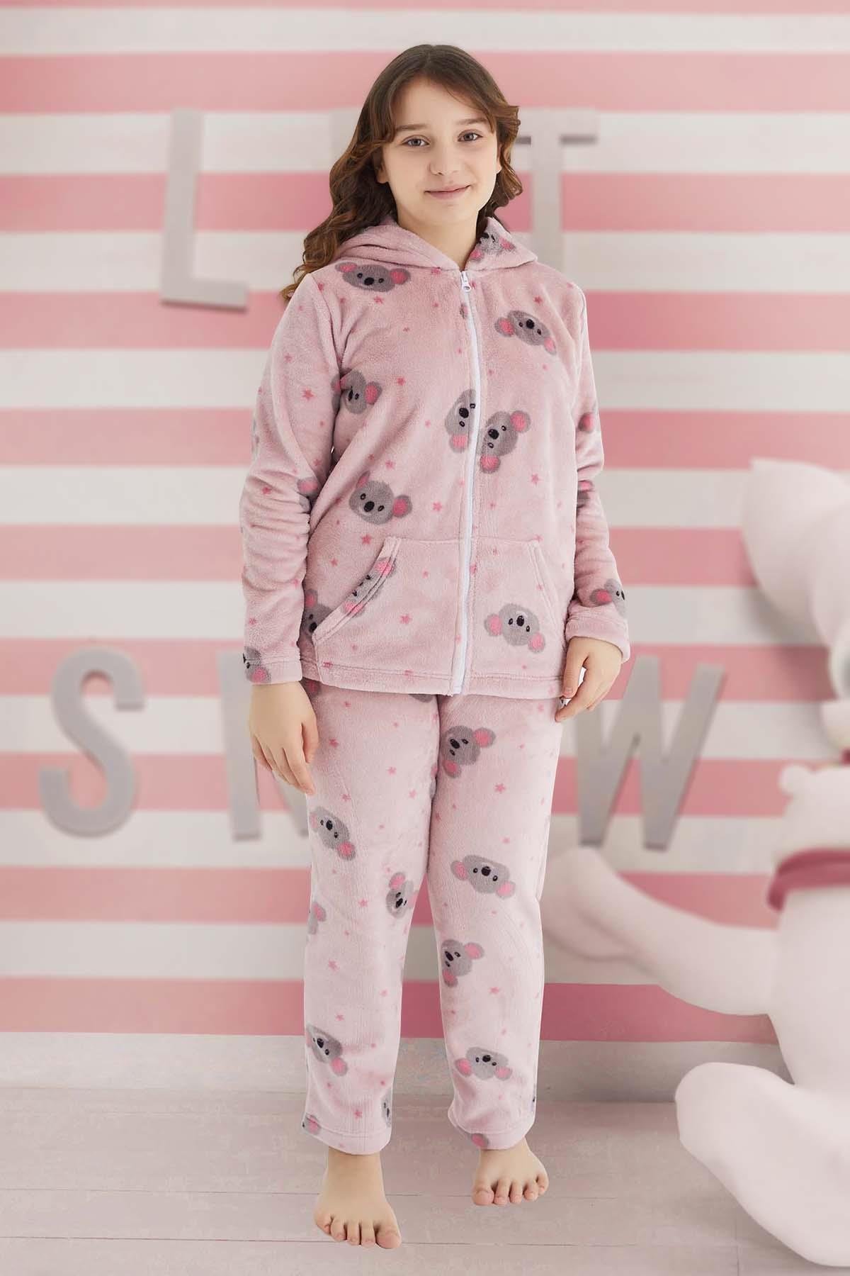 Kız Çocuk Desenli Polar Pijama Takımı 240523 Pudra