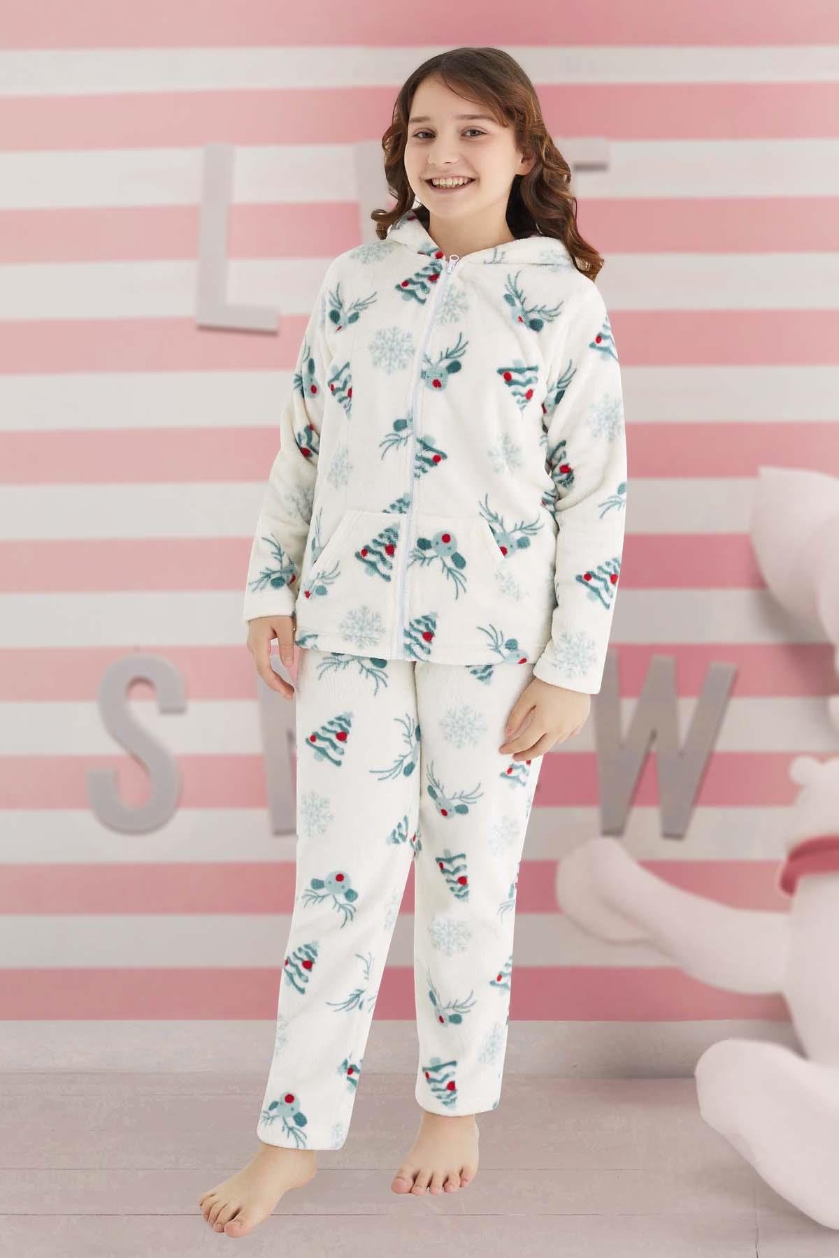 Kız Çocuk Desenli Polar Pijama Takımı 240527 Ekru