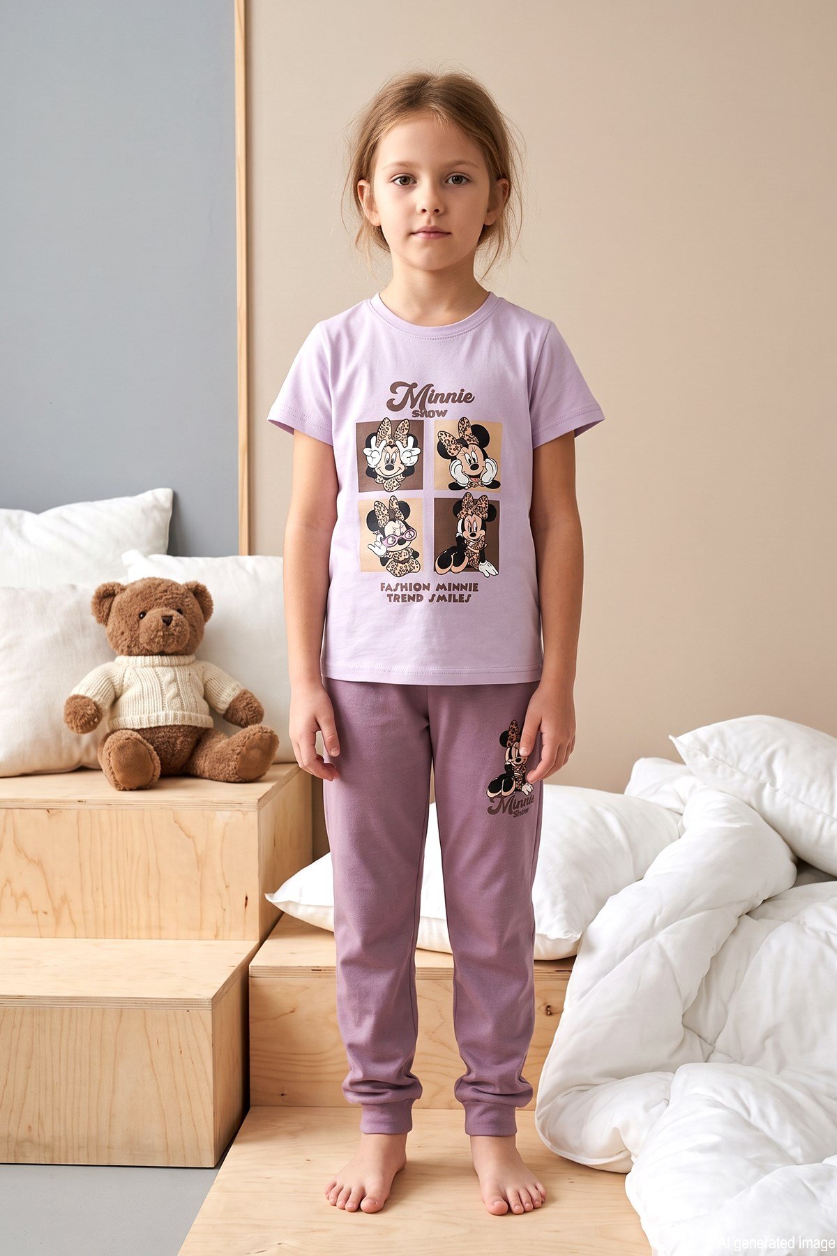 Kız Çocuk Kısa Kol Baskılı Penye Pijama Takımı 3007 Lila