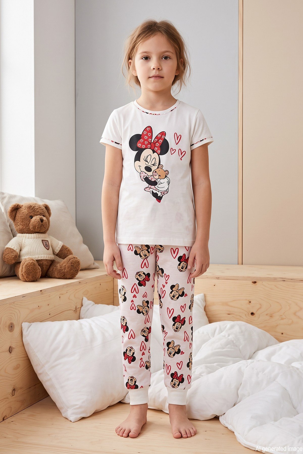 Kız Çocuk Kısa Kol Baskılı Penye Pijama Takımı 2600 Krem