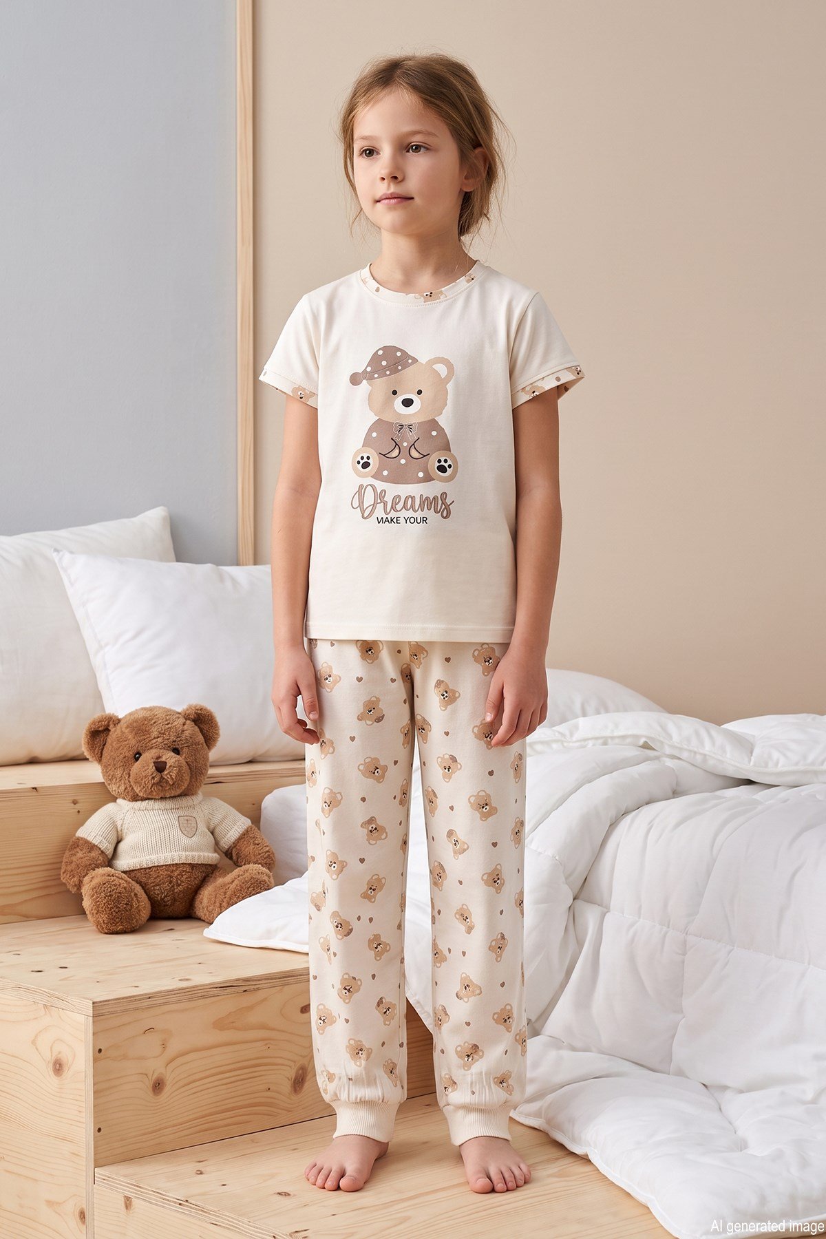 Kız Çocuk Kısa Kol Baskılı Penye Pijama Takımı 6510 Krem01