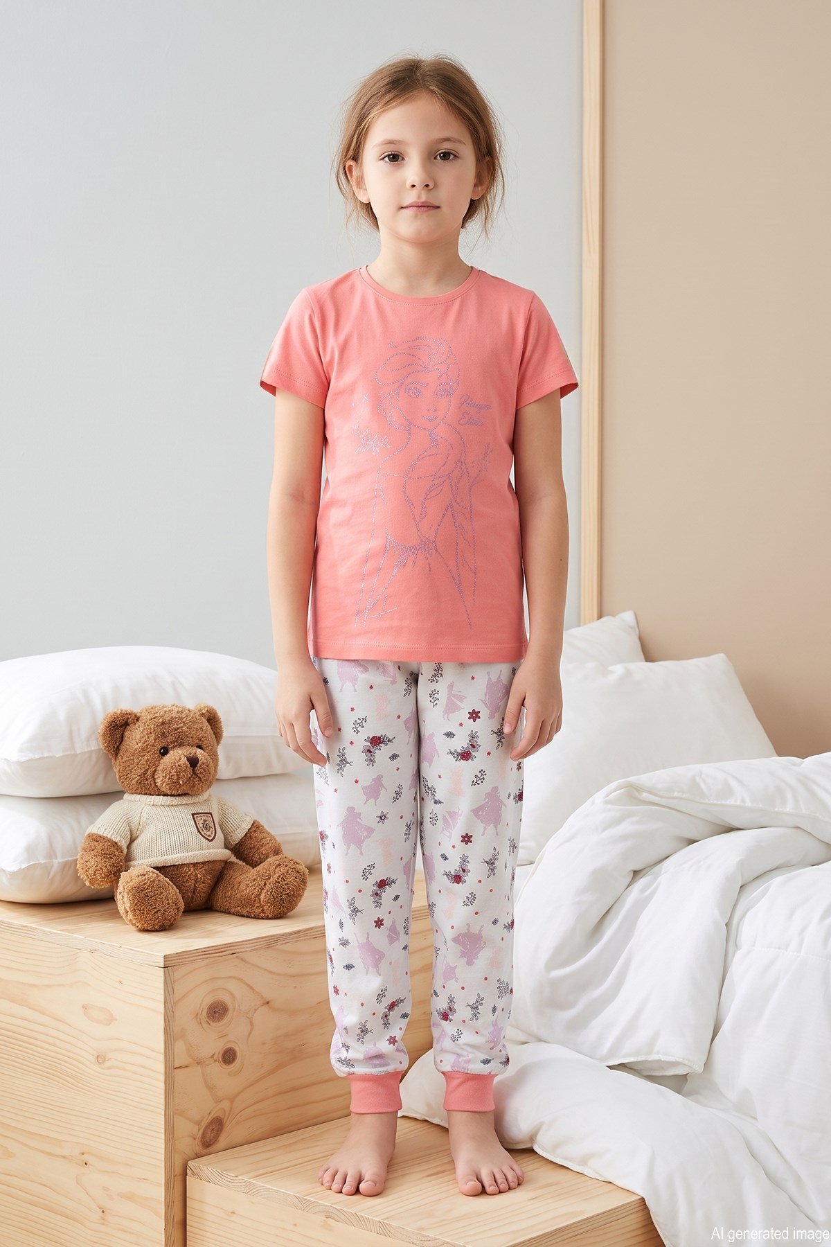Kız Çocuk Kısa Kol Baskılı Penye Pijama Takımı 2612 Mercan