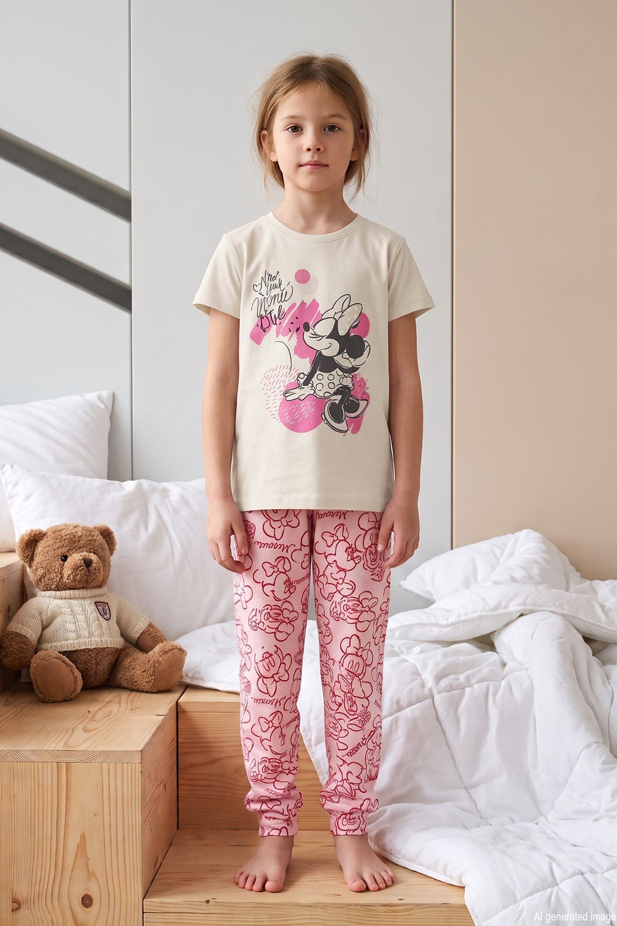 Kız Çocuk Kısa Kol Baskılı Penye Pijama Takımı 3039 Ekru