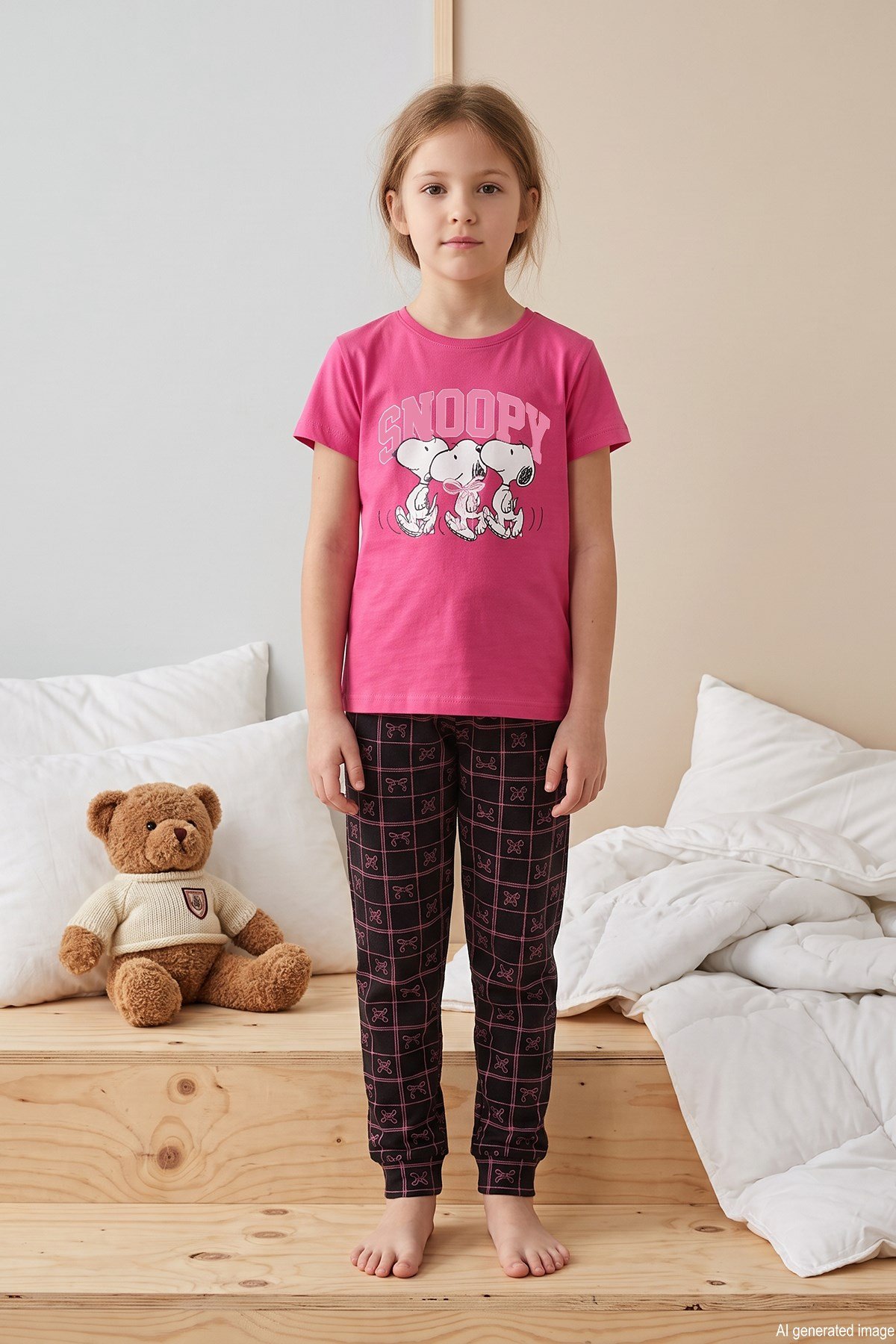 Kız Çocuk Kısa Kol Baskılı Penye Pijama Takımı 3063 Fuşya01