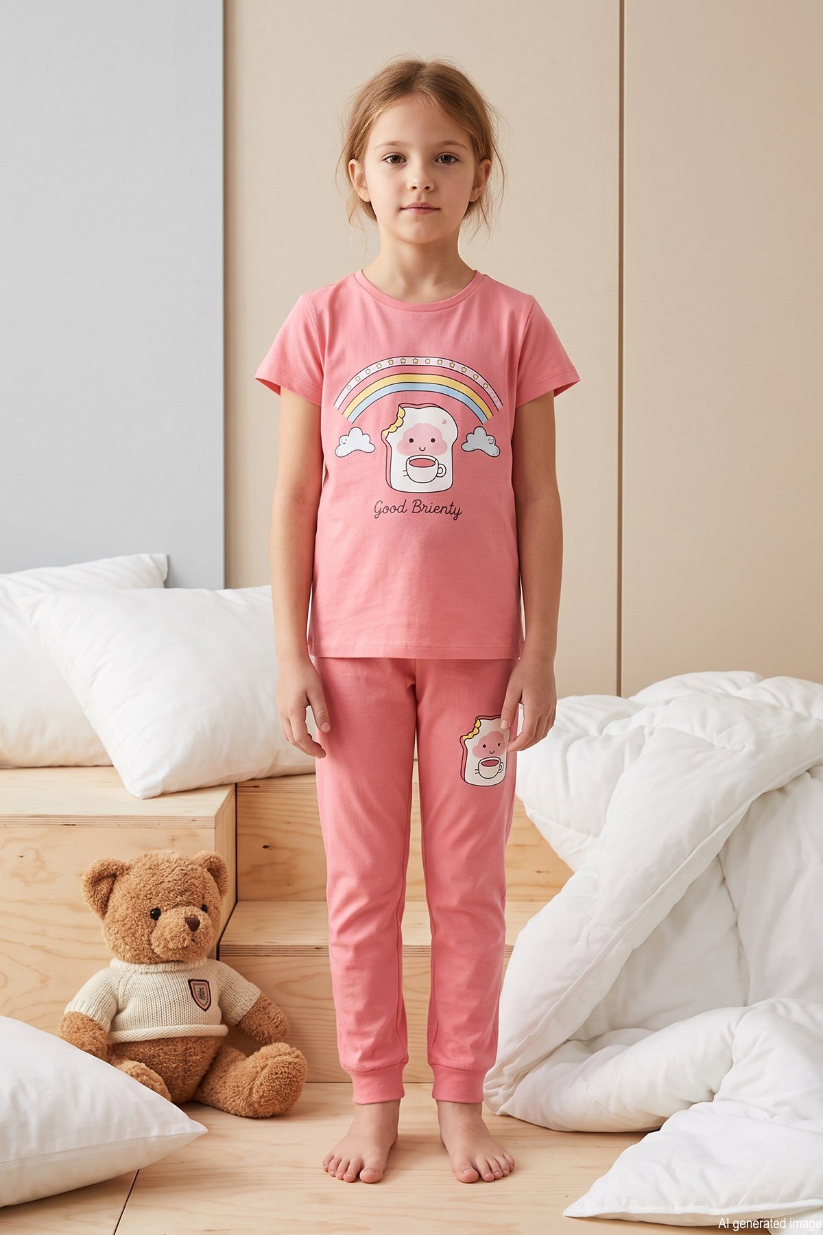 Kız Çocuk Kısa Kol Baskılı Penye Pijama Takımı 2647 Mercan01