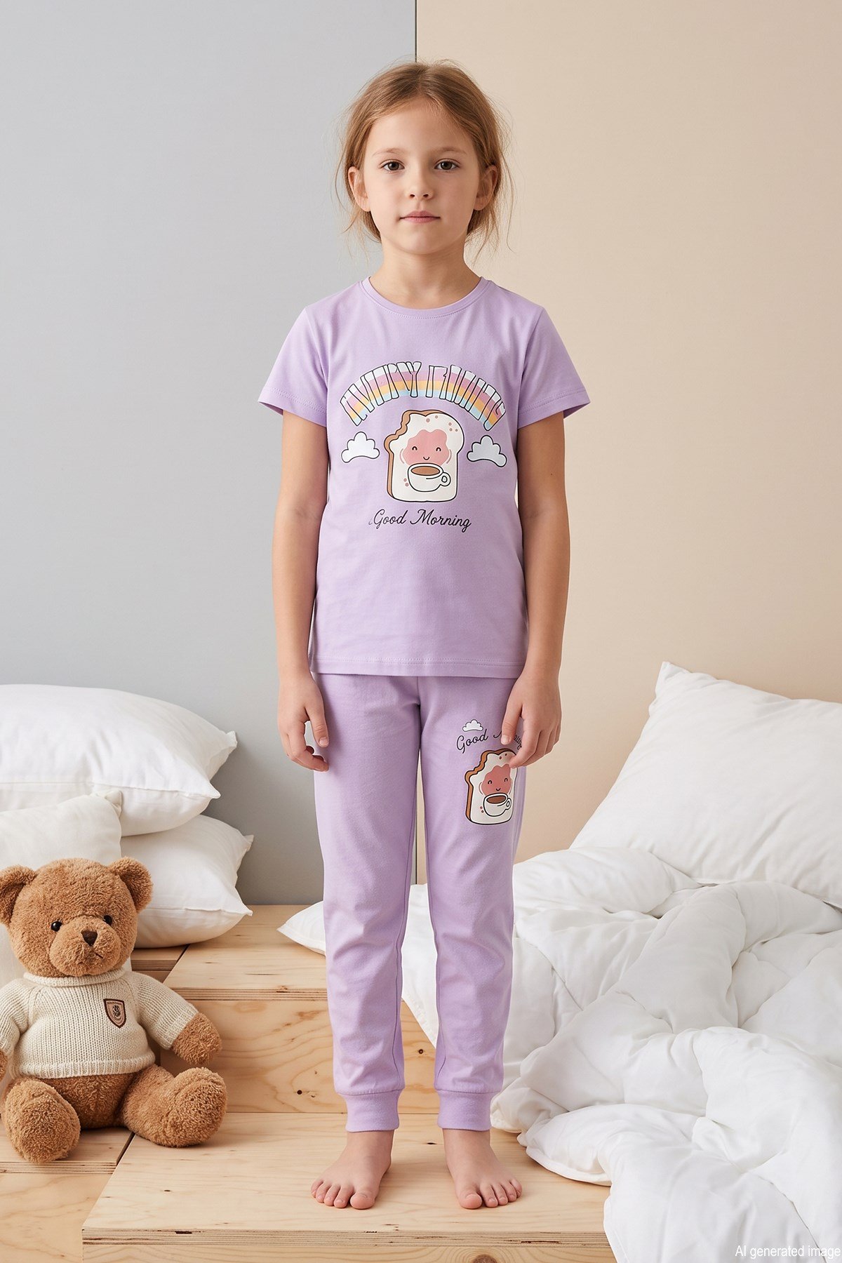Kız Çocuk Kısa Kol Baskılı Penye Pijama Takımı 2647 Lila01
