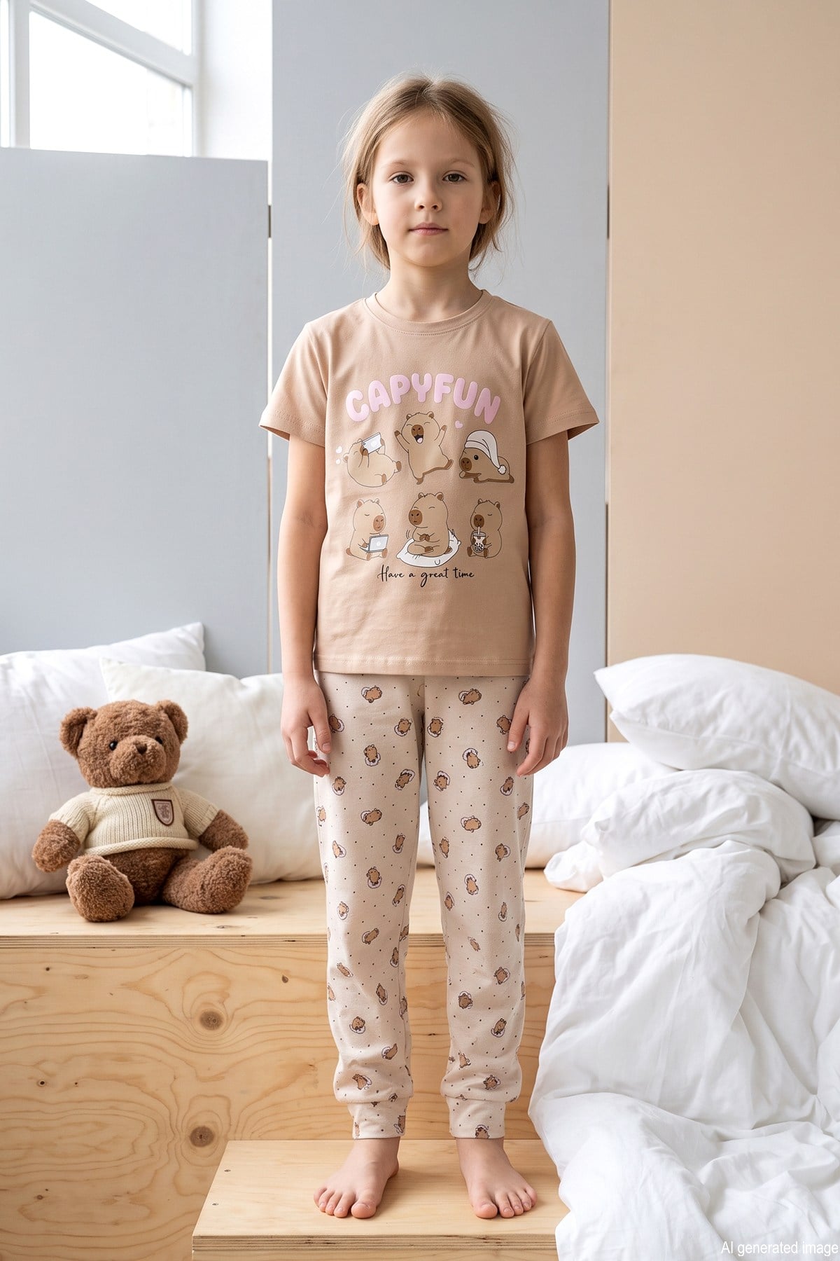 Kız Çocuk Kısa Kol Baskılı Penye Pijama Takımı 6514 Vizon