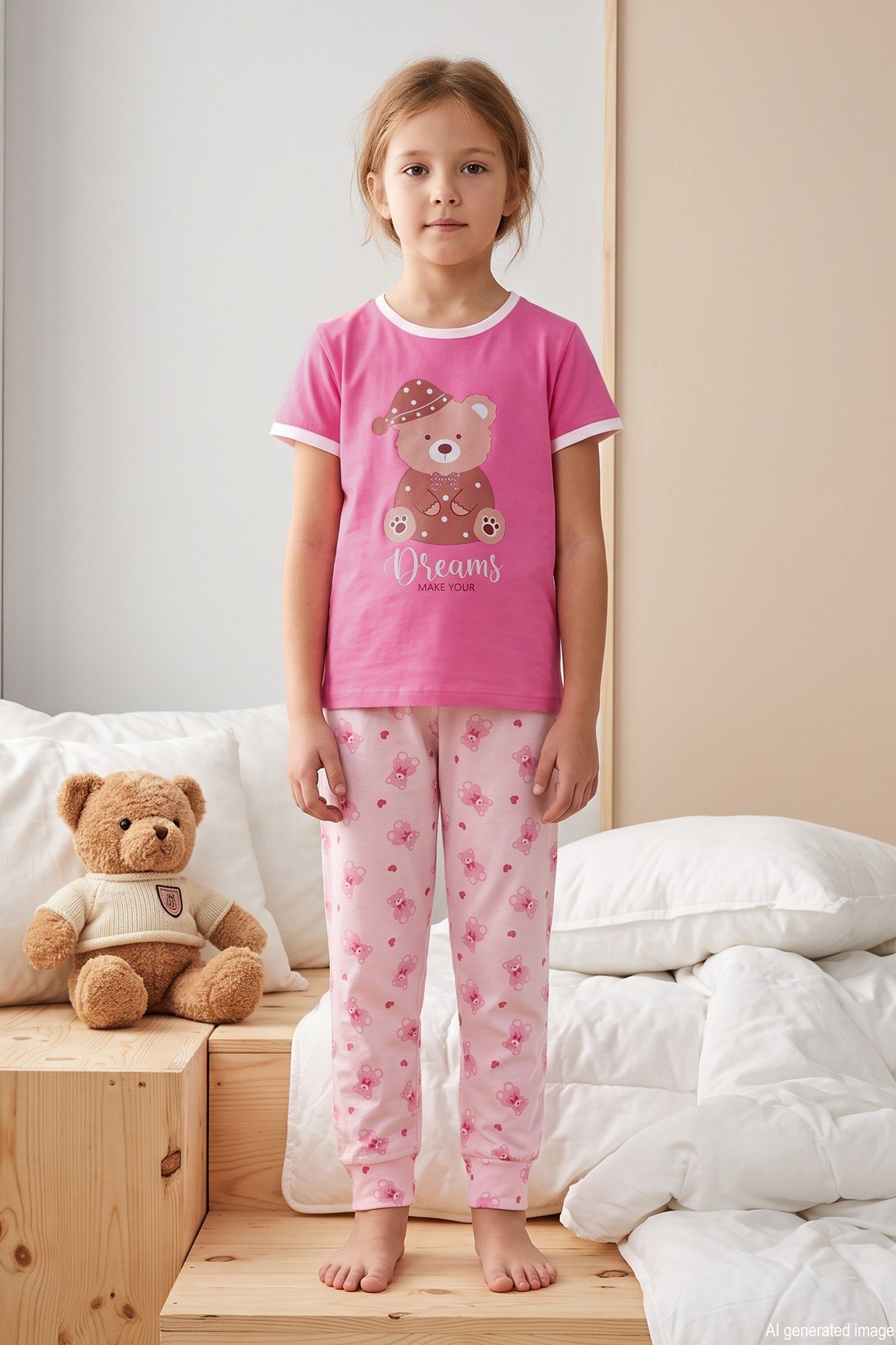 Kız Çocuk Kısa Kol Baskılı Penye Pijama Takımı 6510 Şeker Pembe