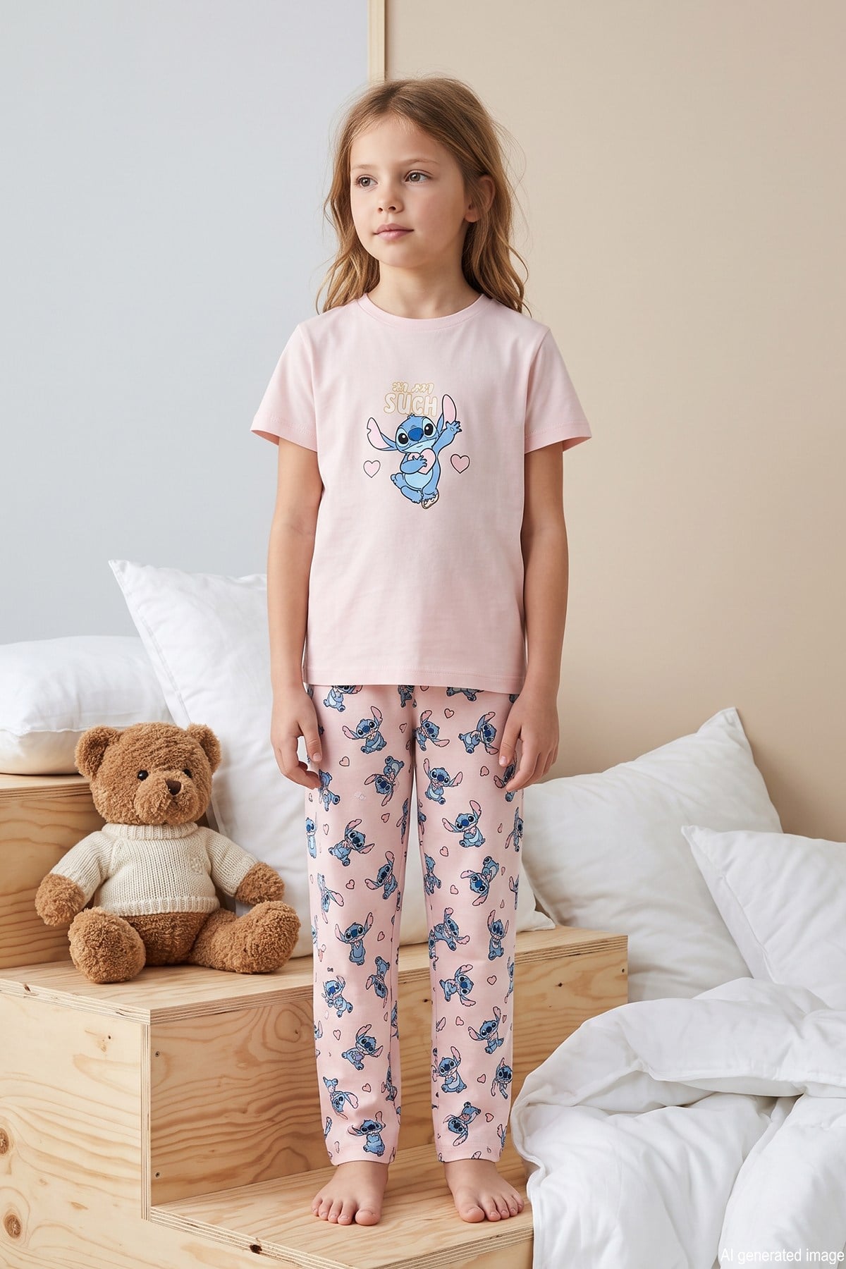 Kız Çocuk Kısa Kol Baskılı Penye Pijama Takımı 6572 Pudra