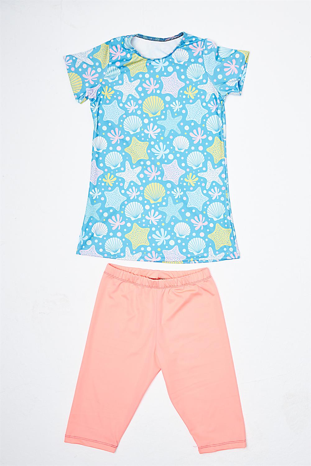 Kız Çocuk Kısa Kol Taytlı Yarı Kapalı Mayo P23/151 Deniz Kabuğu