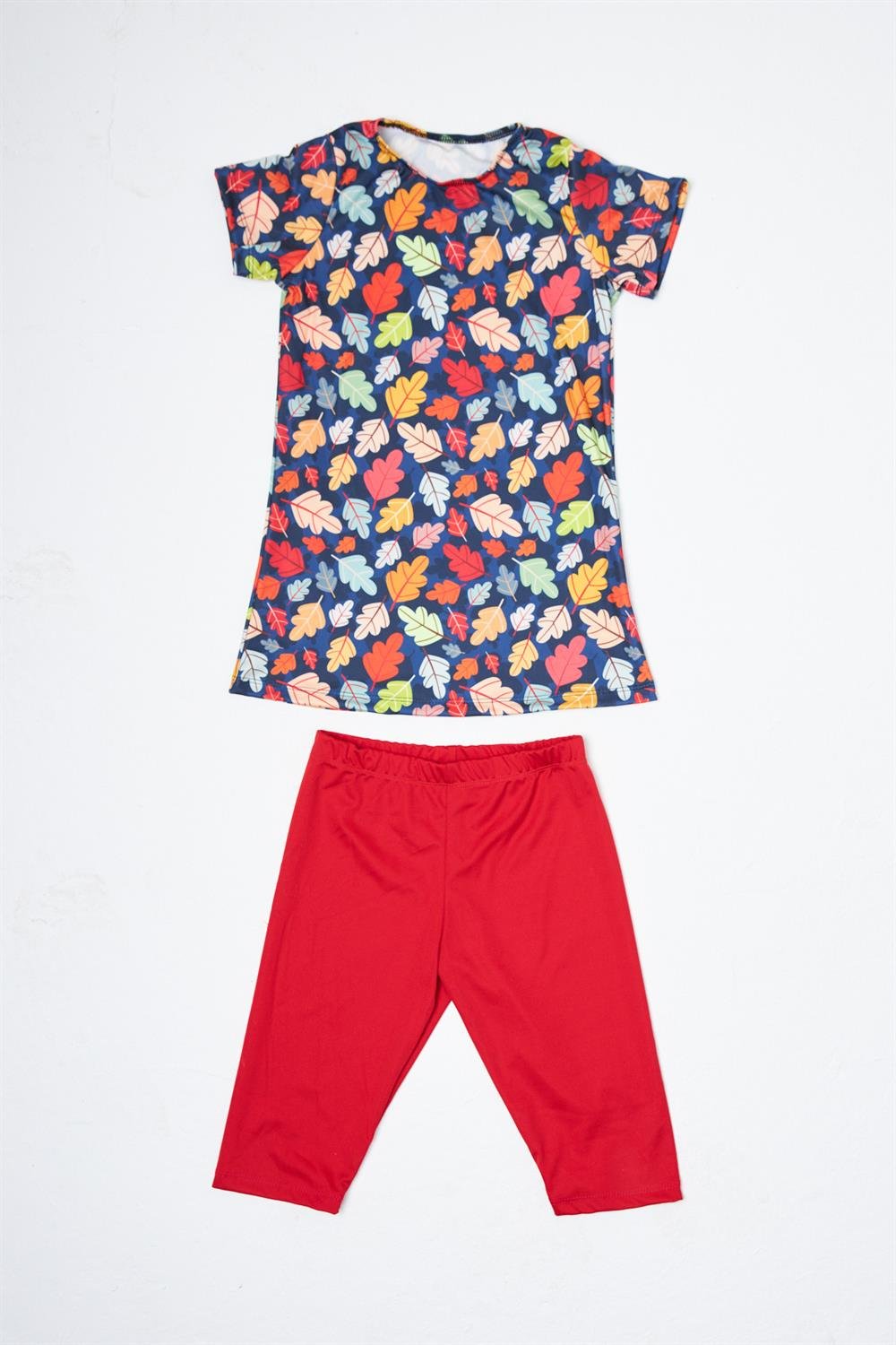 Kız Çocuk Kısa Kol Taytlı Yarı Kapalı Mayo P23/112 Yaprak