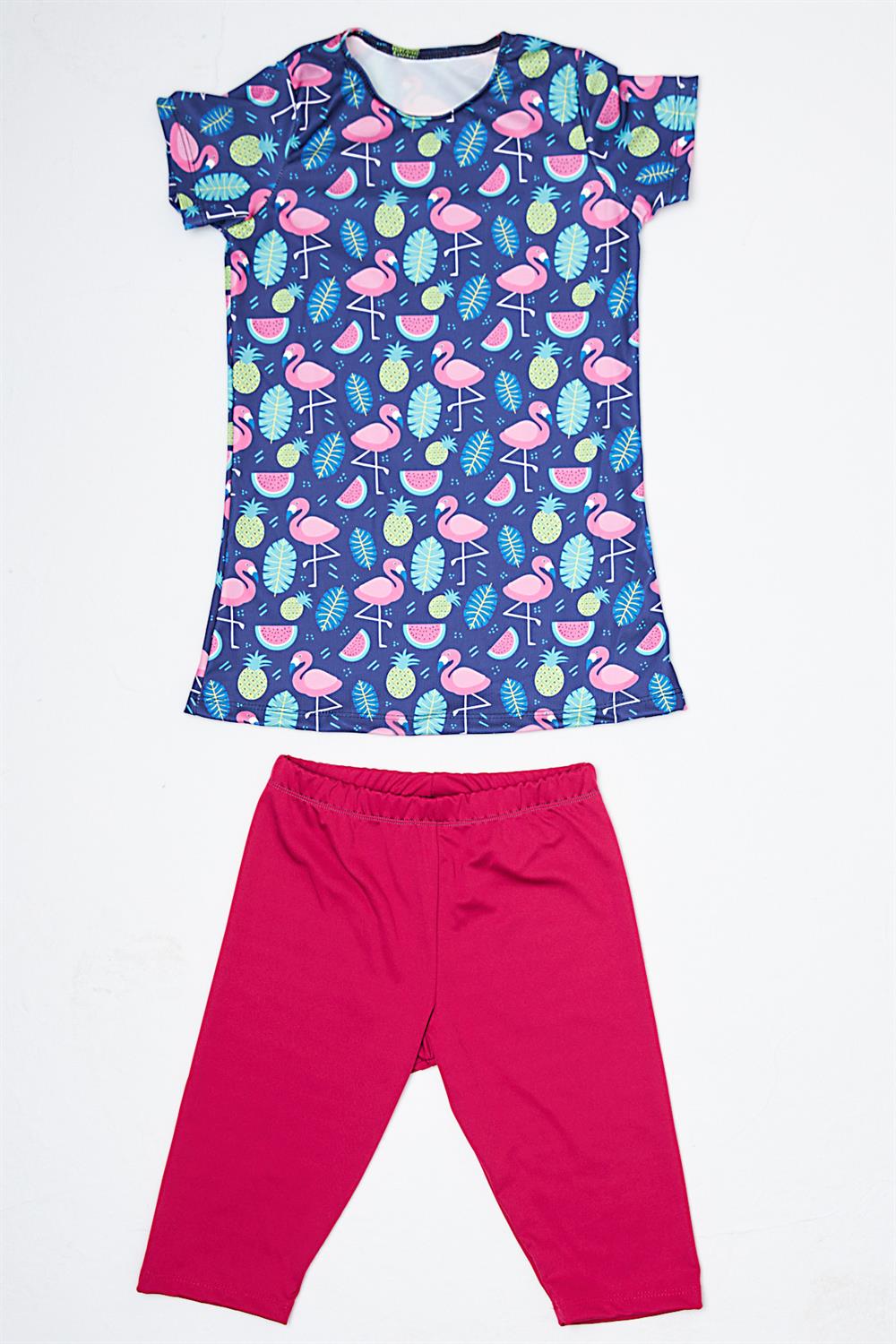 Kız Çocuk Kısa Kol Taytlı Yarı Kapalı Mayo P23/139 Flamingo