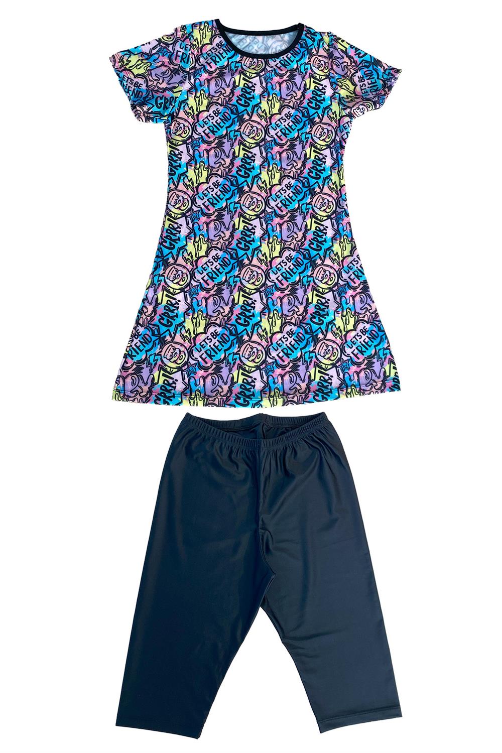 Kız Çocuk Kısa Kollu Taytlı Yarı Kapalı Mayo 4502 G Grafiti