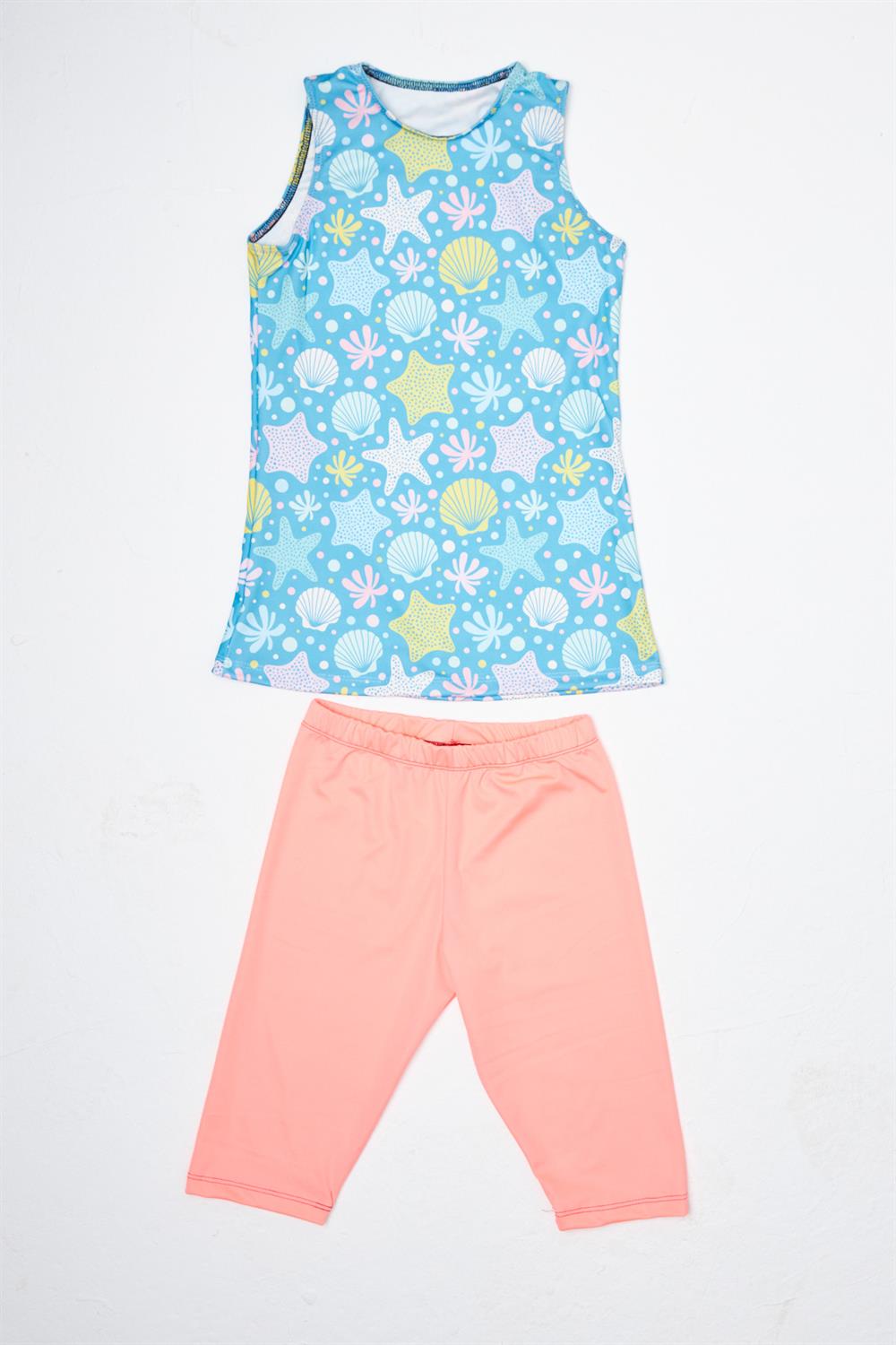 Kız Çocuk Kolsuz Taytlı Yarı Kapalı Mayo P24/151 Deniz Kabuğu