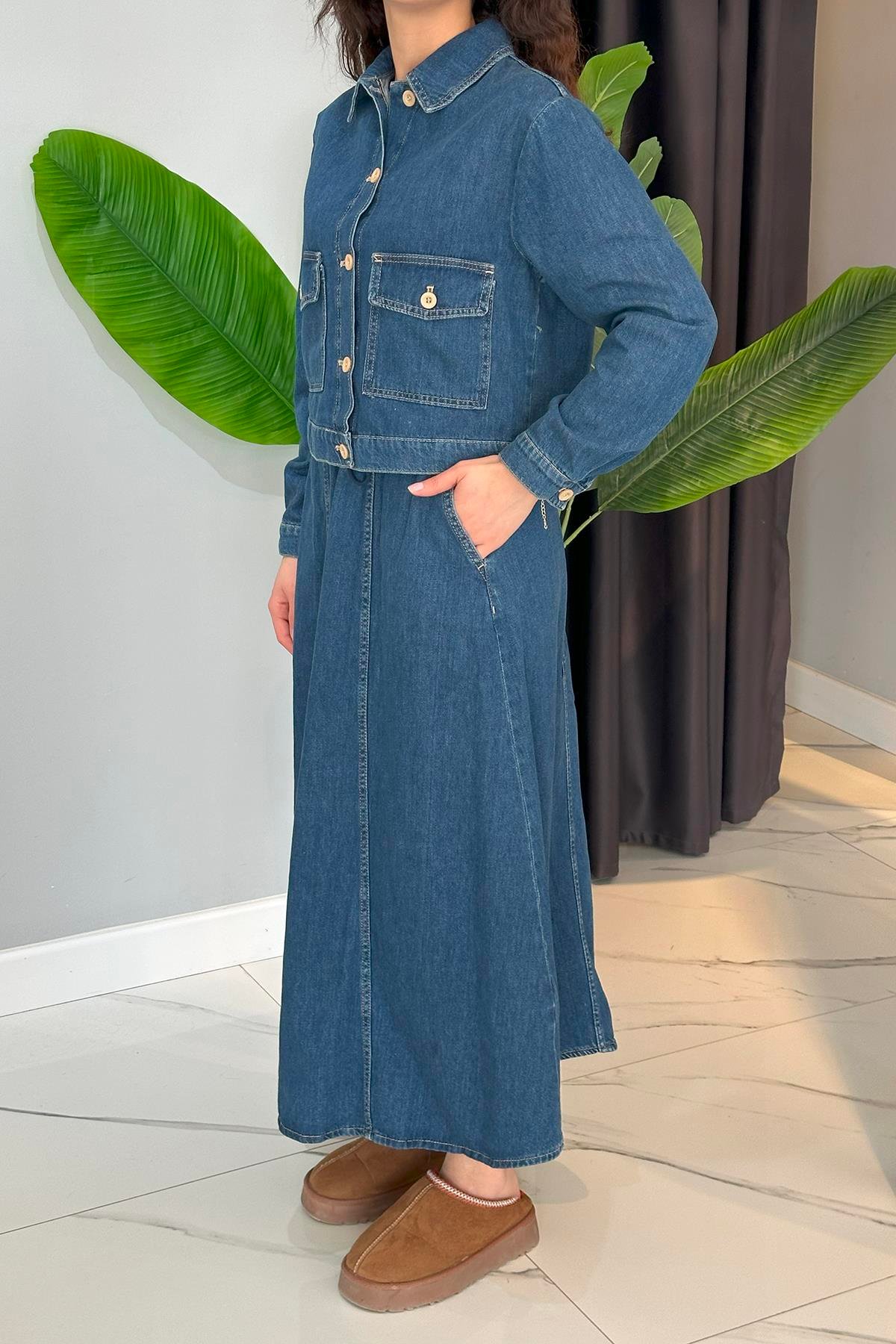 Kloş Etek Ceket Kot Takım 33449 Mavi