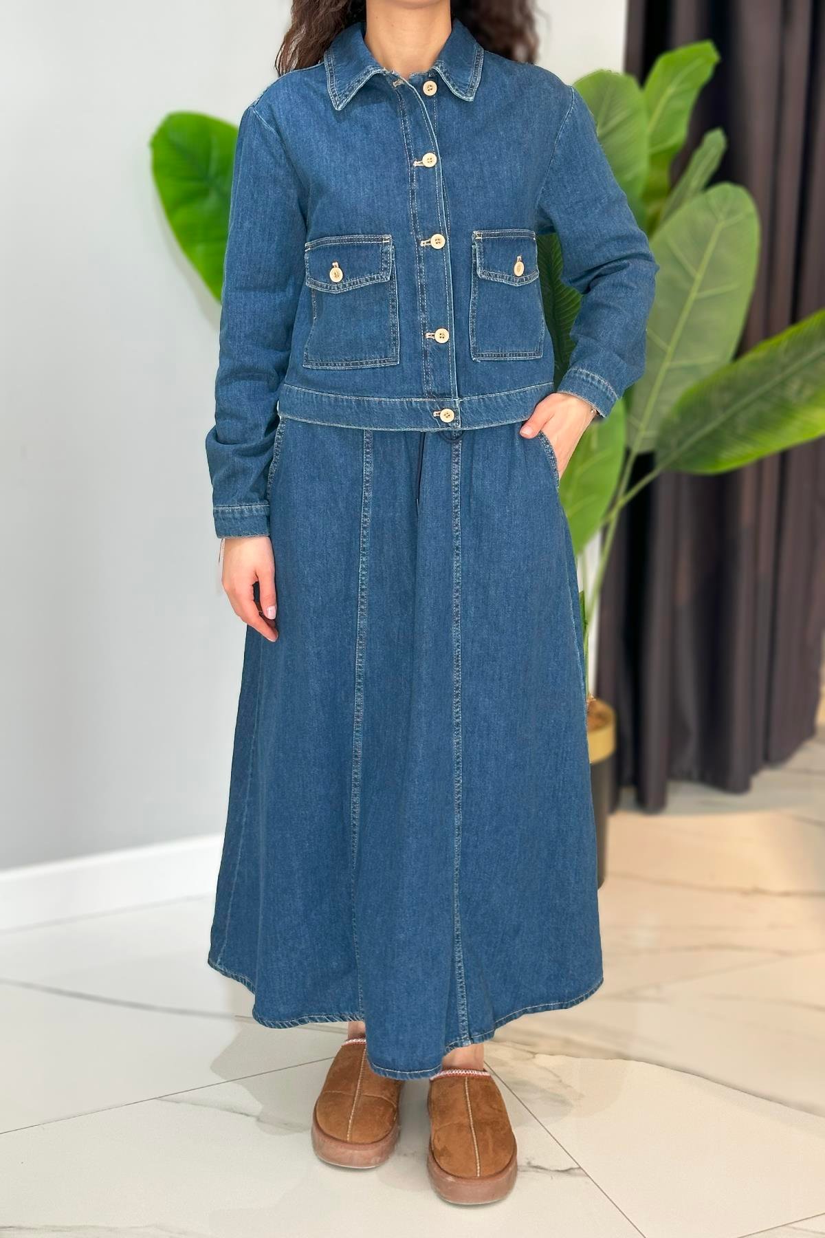 Kloş Etek Ceket Kot Takım 33449 Mavi