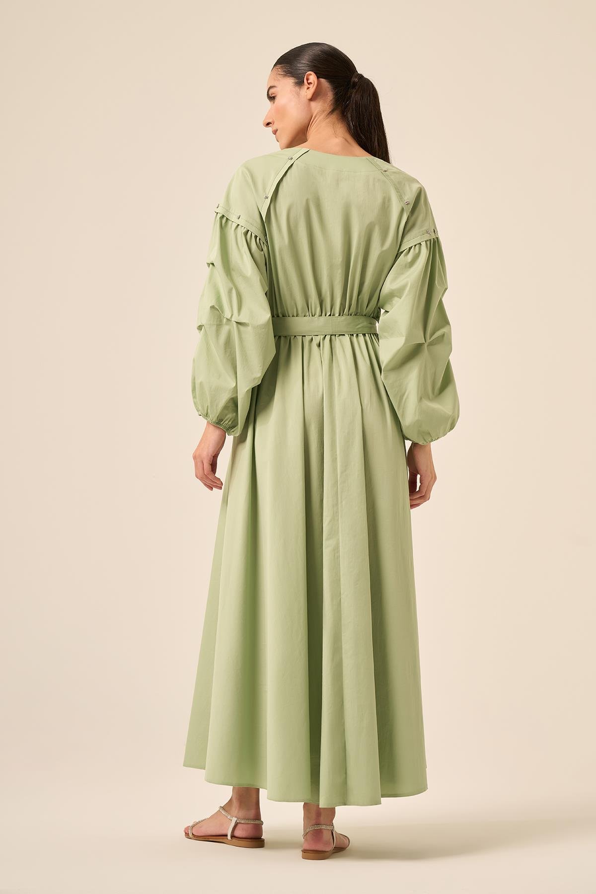 Kolları Katlama Büzgü Aksesuar Detaylı Belden Lastikli Paper Touch Elbise 5747 Elma Yeşili