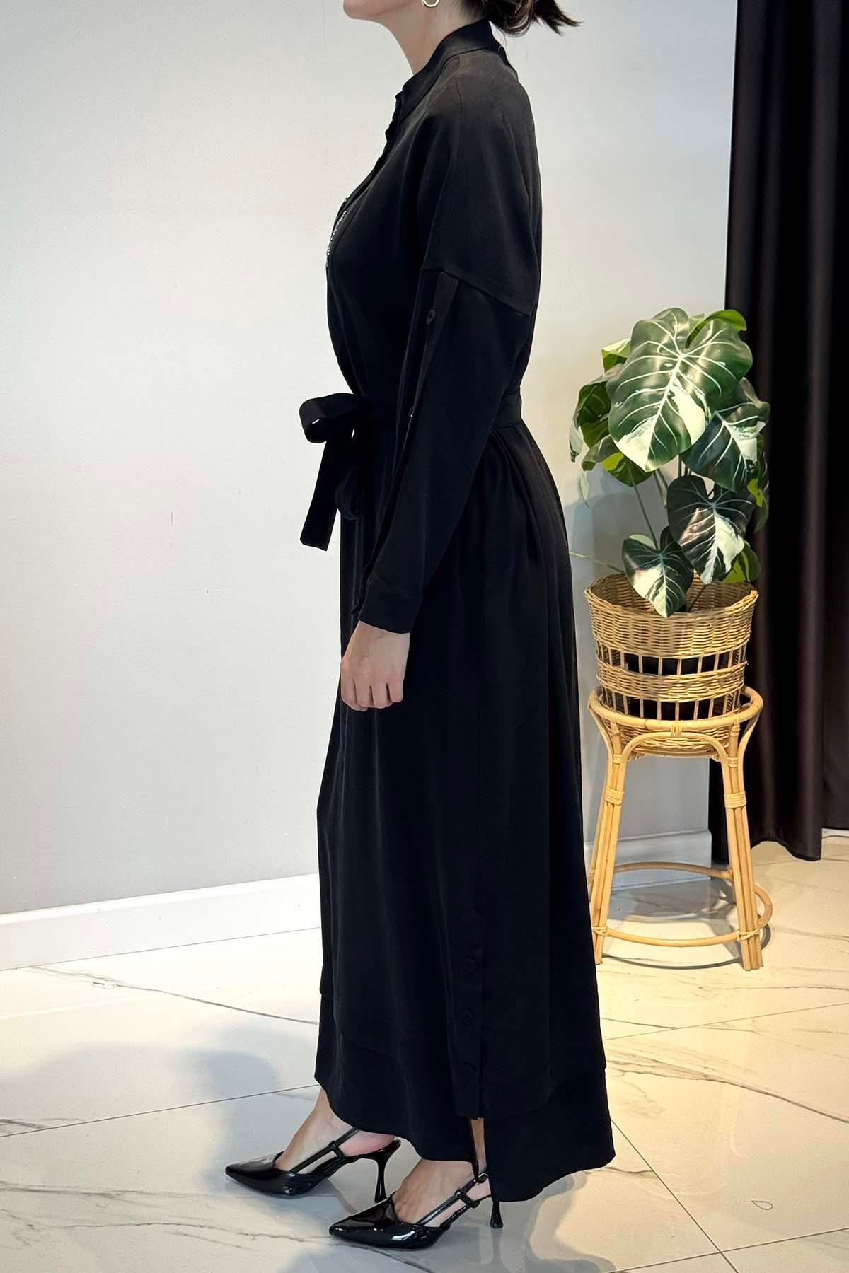 Kolları Ve Etek Altı Düğme Detaylı Elbise 6701 Siyah