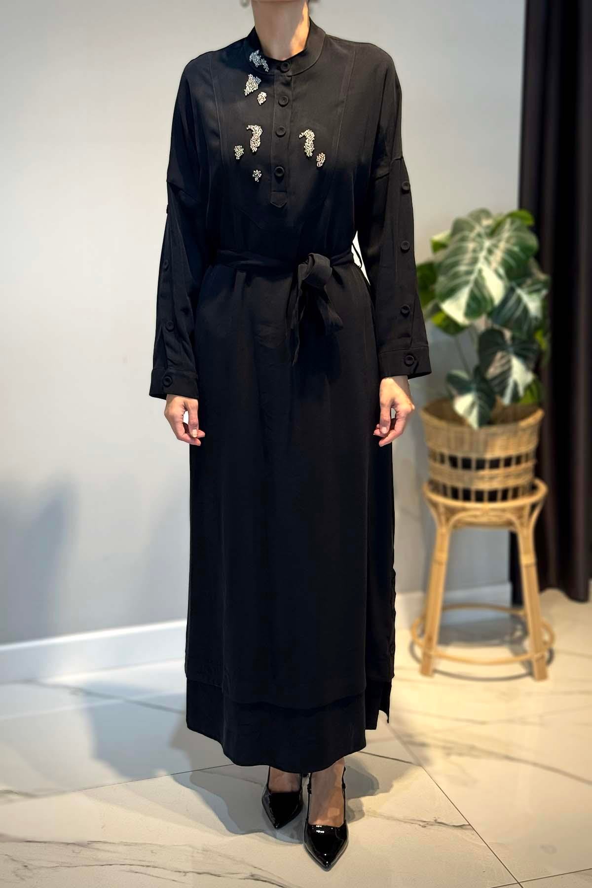 Kolları Ve Etek Altı Düğme Detaylı Elbise 6701 Siyah