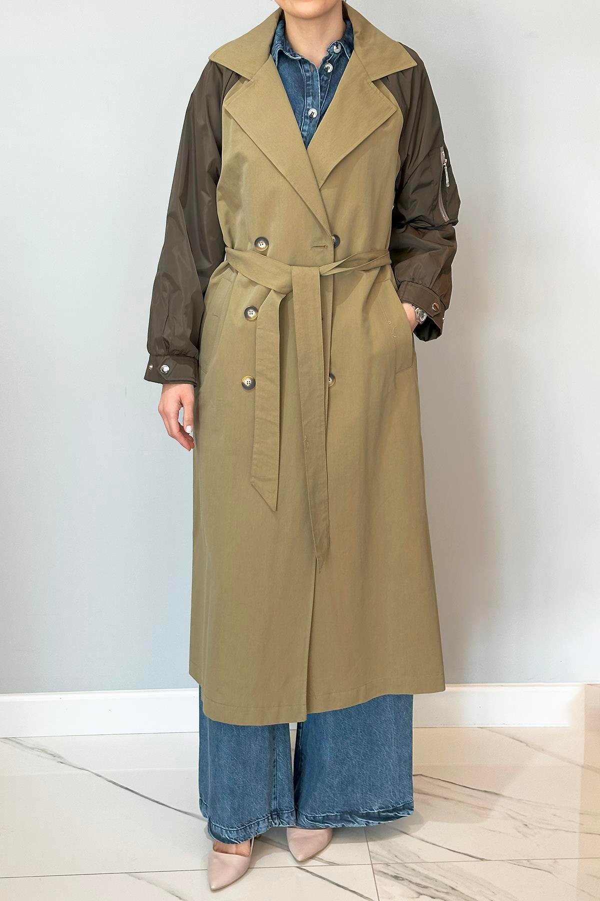 Kolu Paraşüt Fermuar Detaylı Trençkot 32138 Haki