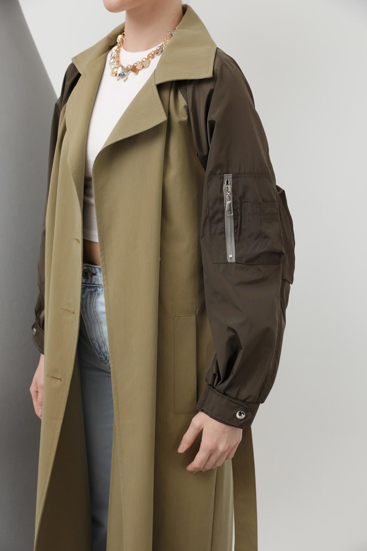 Kolu Paraşüt Fermuar Detaylı Trençkot 32138 Haki