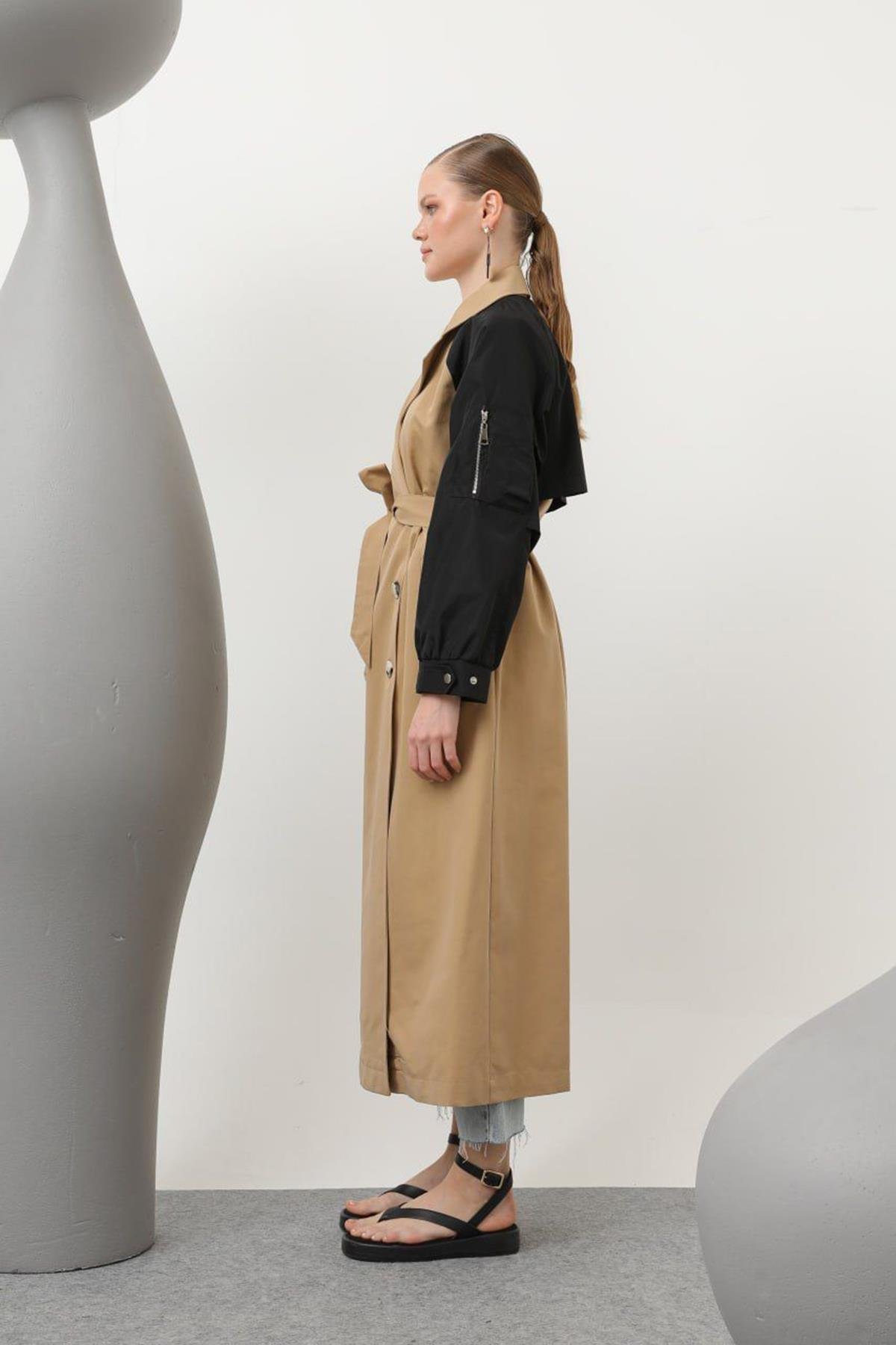 Kolu Paraşüt Fermuar Detaylı Trençkot 32138 Camel